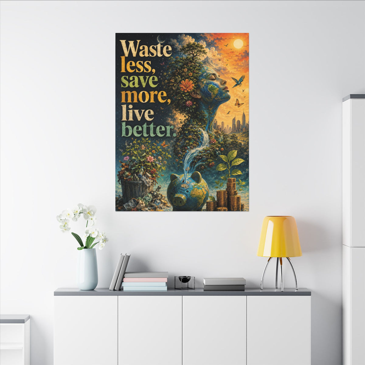 "WASTE LESS, SAVE MORE, LIVE BETTER." - Earthsmart Eco-Friendly Inspirational Wall Art.