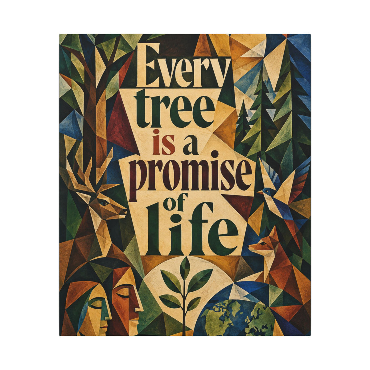"EVERY TREE IS A PROMISE OF LIFE" (Cubist art style). Earthsmart Eco Canvas Wall Art (Matte Stretched Print).