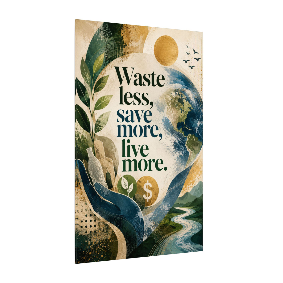 "WASTE LESS, SAVE MORE, LIVE MORE.”(abstract art style).  Earthsmart Eco Motivational Print