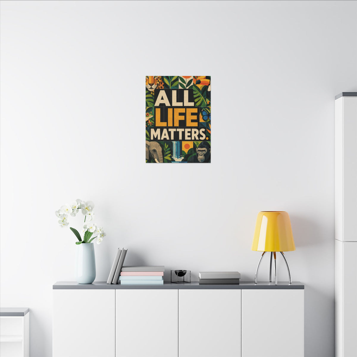 "ALL LIFE MATTERS" (Geometric art style) Earthsmart Canvas Wall Art — Jungle Wildlife. (Matte Stretched Print)