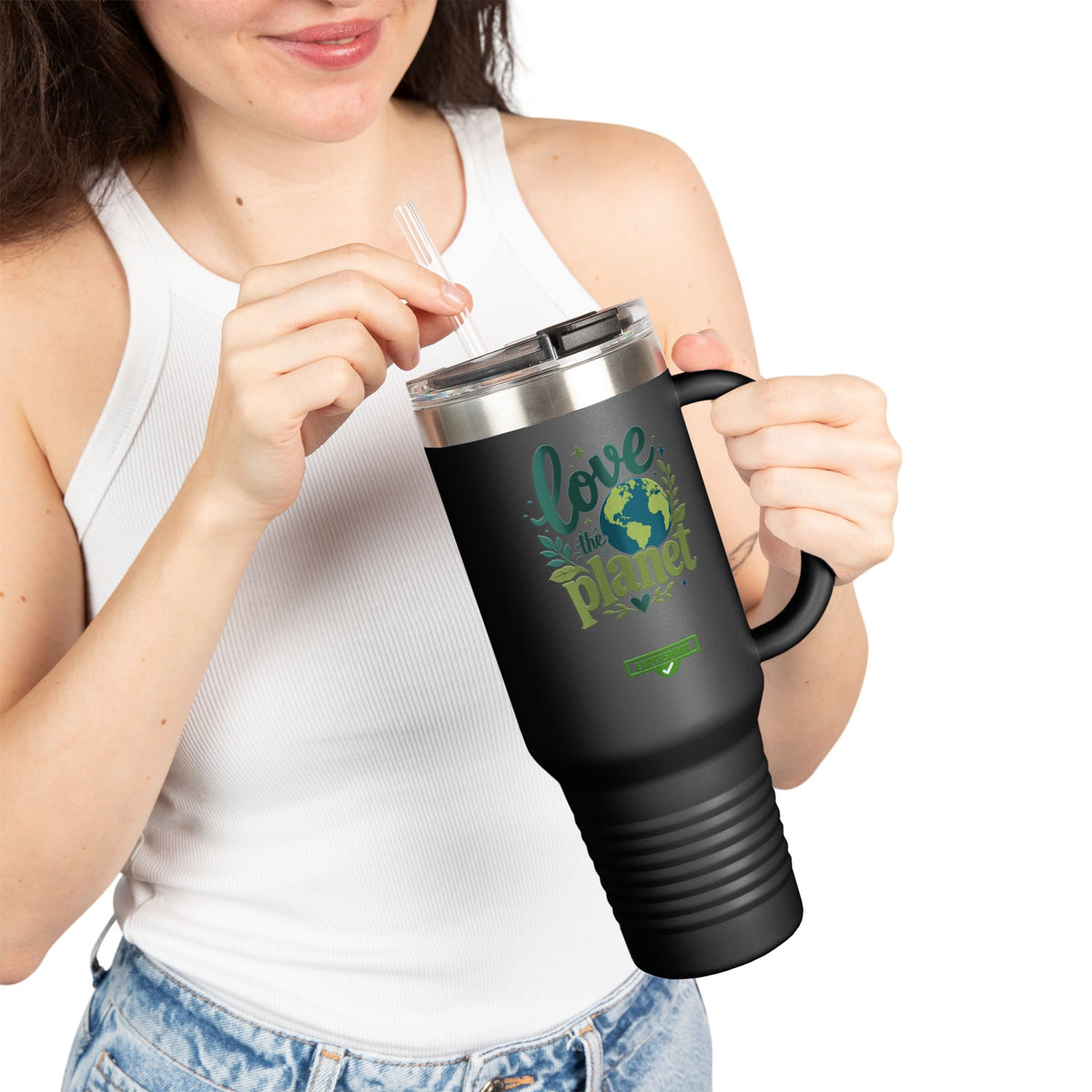 EARTHSMART ECO TUMBLER - 'LOVE THE PLANET' version -  100% stainless steel (body), 100% recycled plastic (straw and lid).(1.8L - 40OZ)