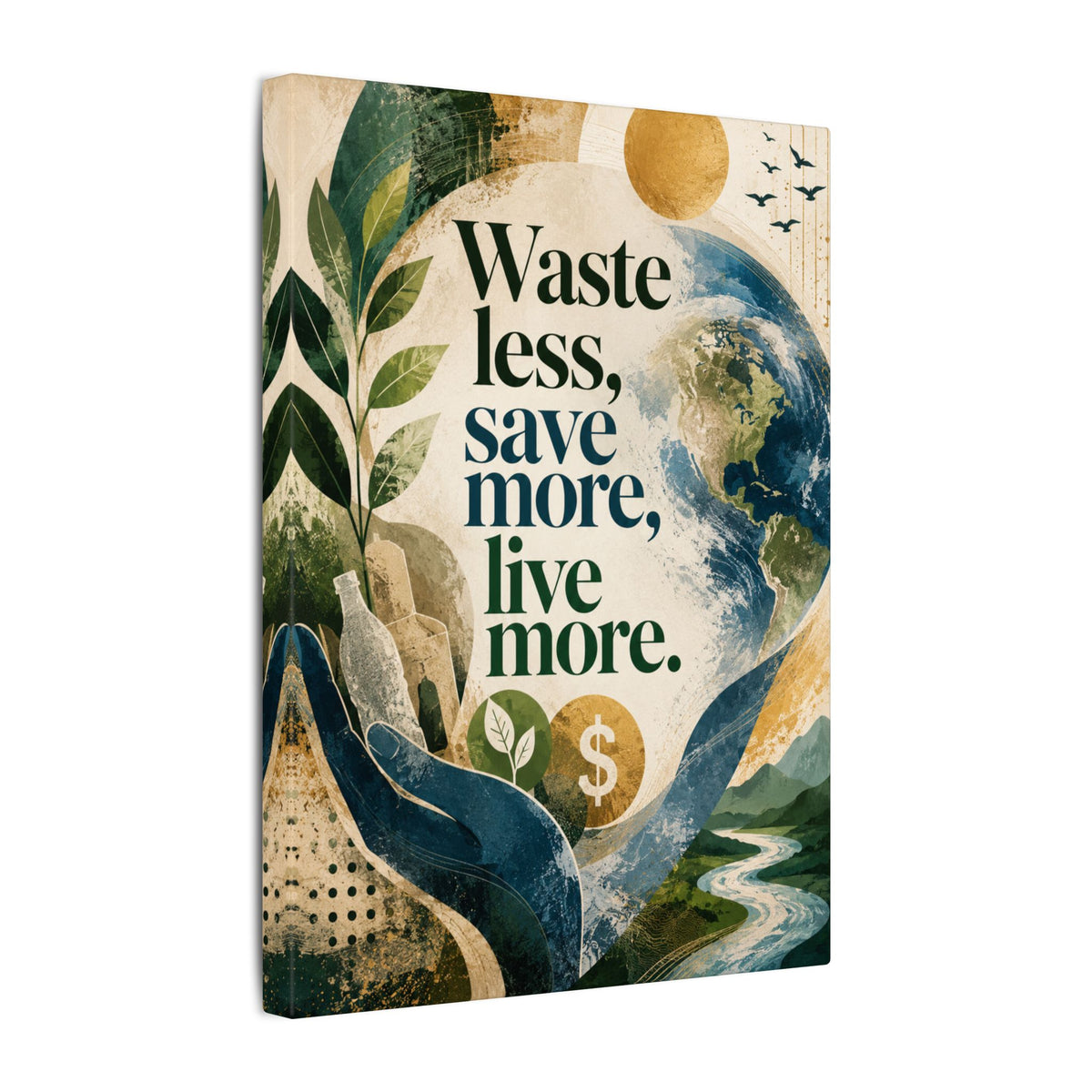 "WASTE LESS, SAVE MORE, LIVE MORE.”(abstract art style).  Earthsmart Eco Motivational Print