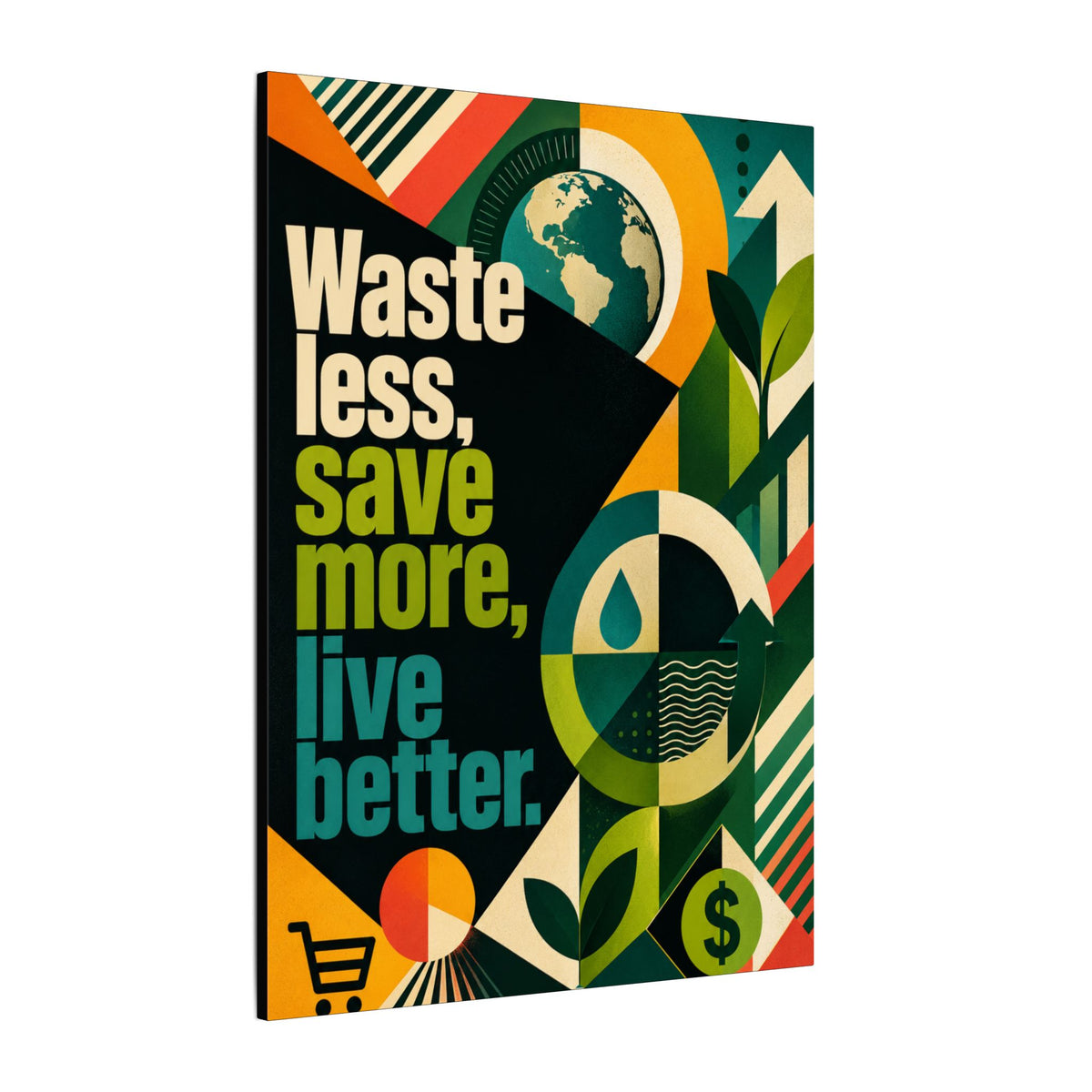 "WASTE LESS, SAVE MORE, LIVE BETTER" (radical geometric art style). Earthsmart Eco Motivational Wall Art.