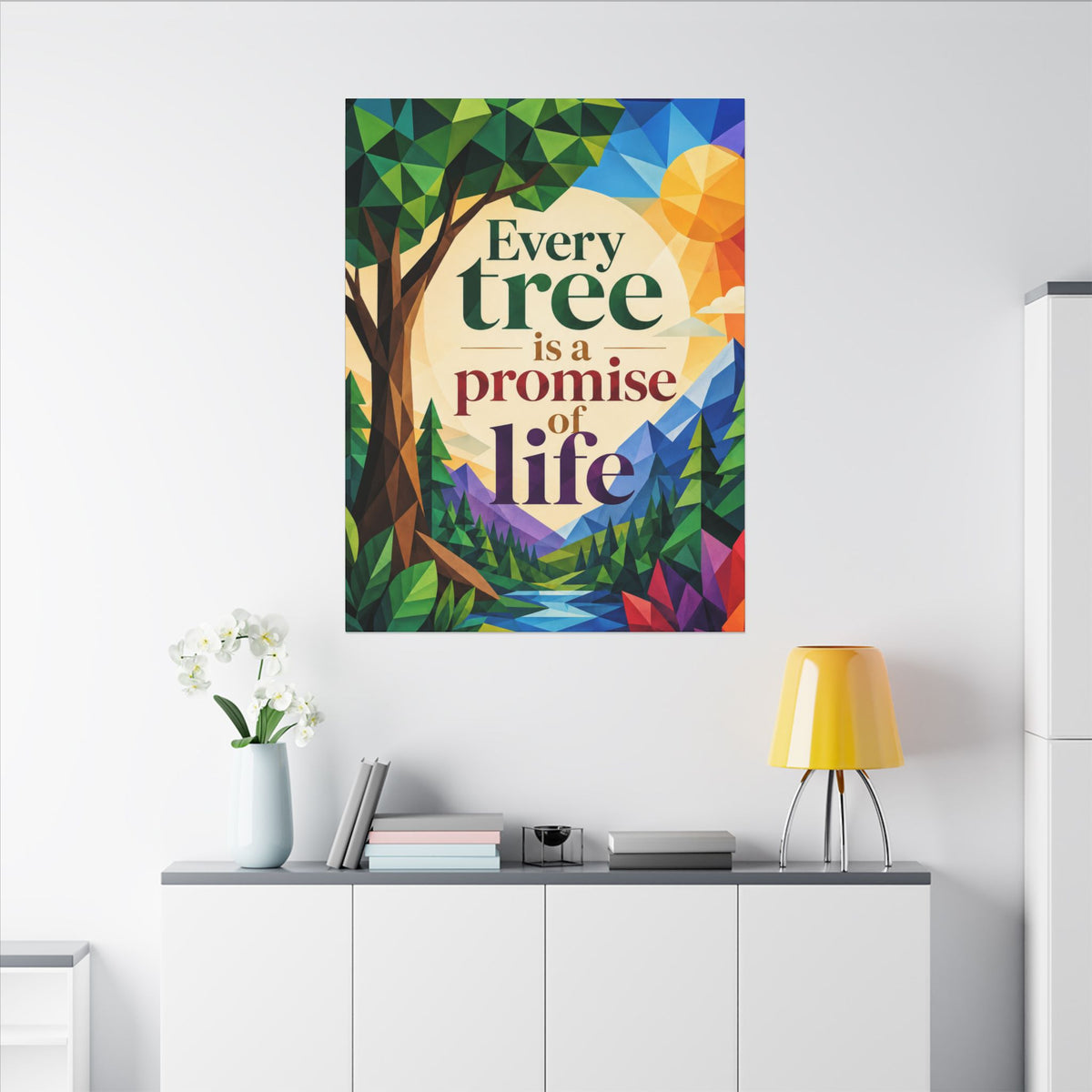 "EVERY TREE IS A PROMISE OF LIFE" (Geometric art style). Earthsmart Eco Canvas Wall Art (Matte Stretched Print).