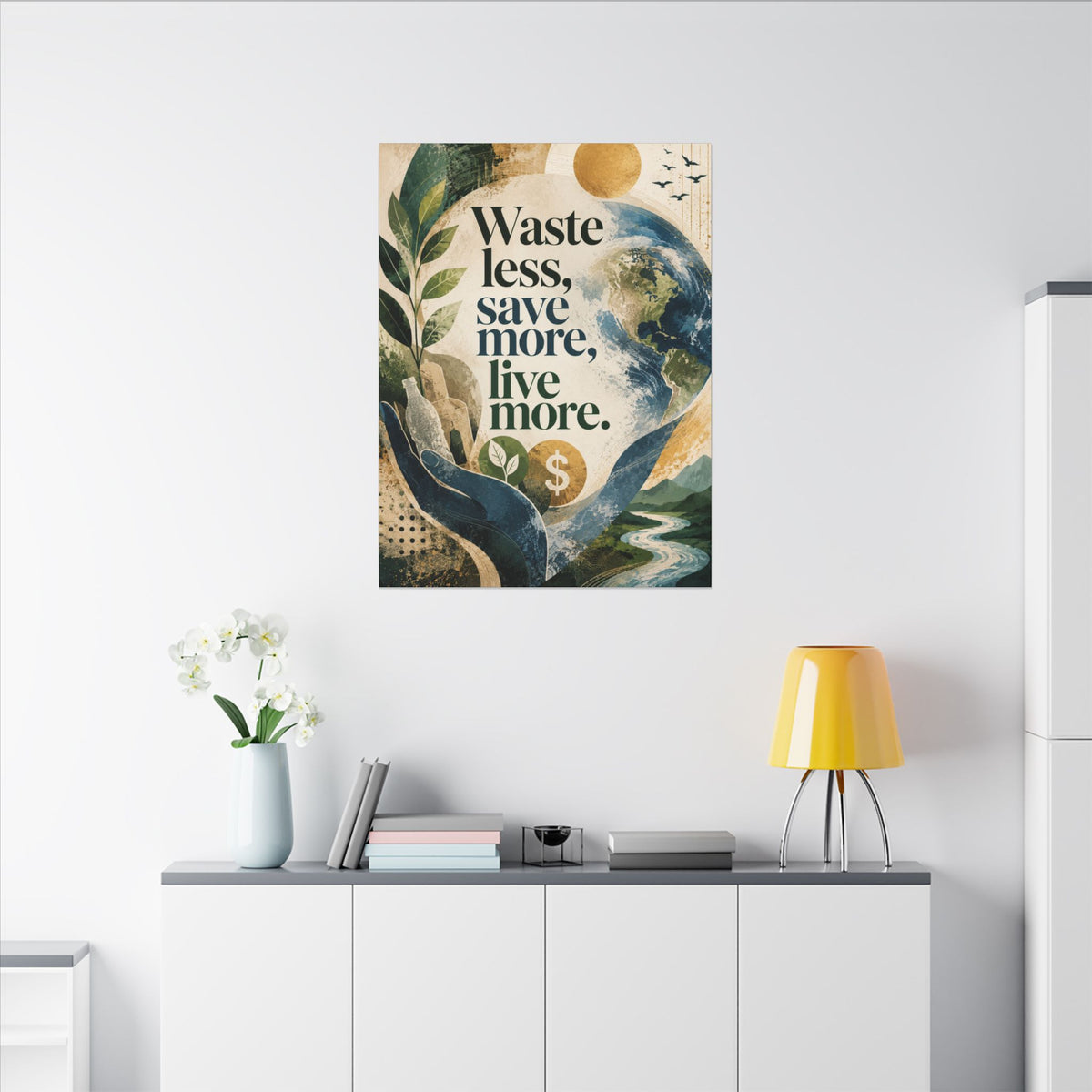 "WASTE LESS, SAVE MORE, LIVE MORE.”(abstract art style).  Earthsmart Eco Motivational Print