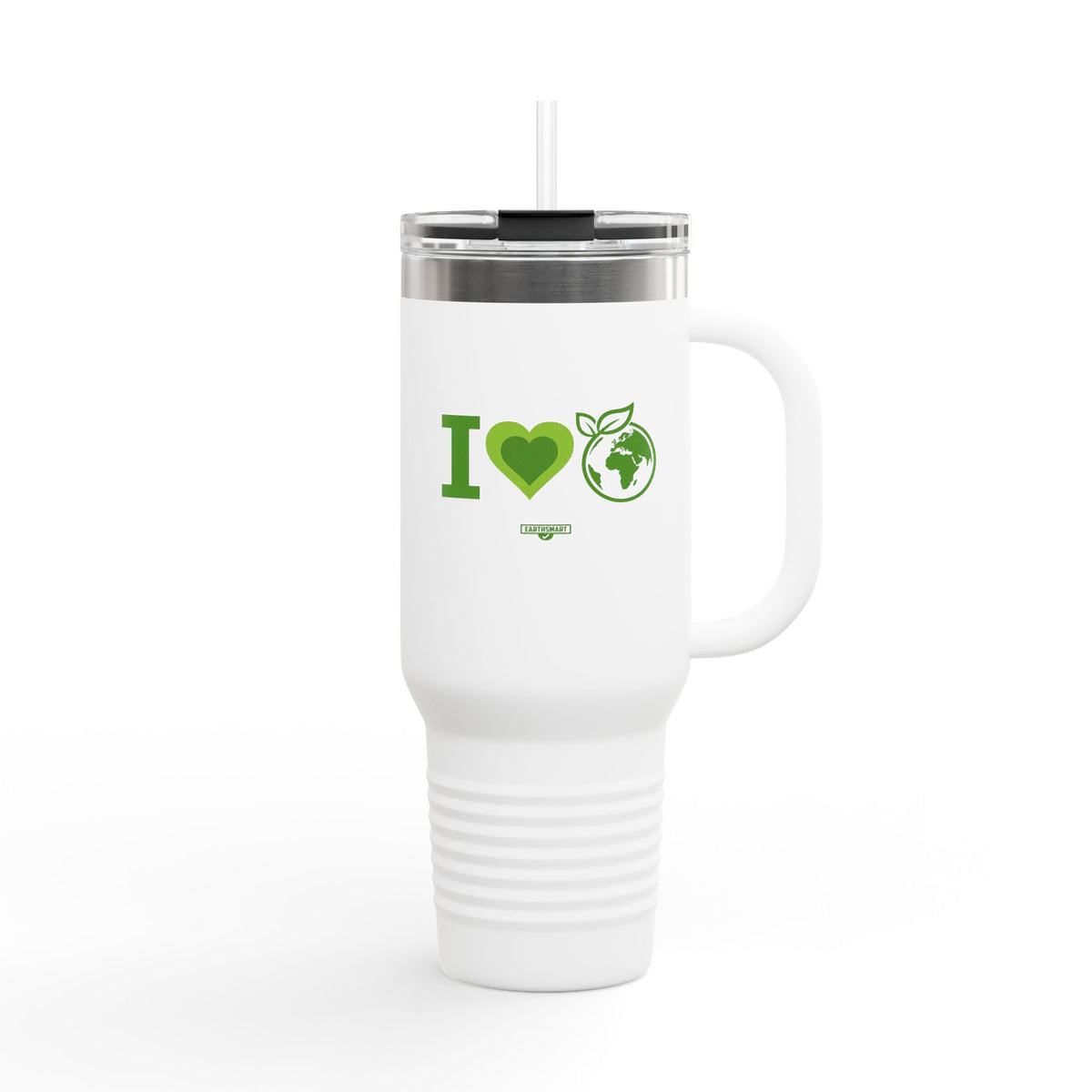 EARTHSMART ECO TUMBLER - 'I LOVE EARTH' version -  100% stainless steel (body), 100% recycled plastic (straw and lid).(1.8L - 40OZ)