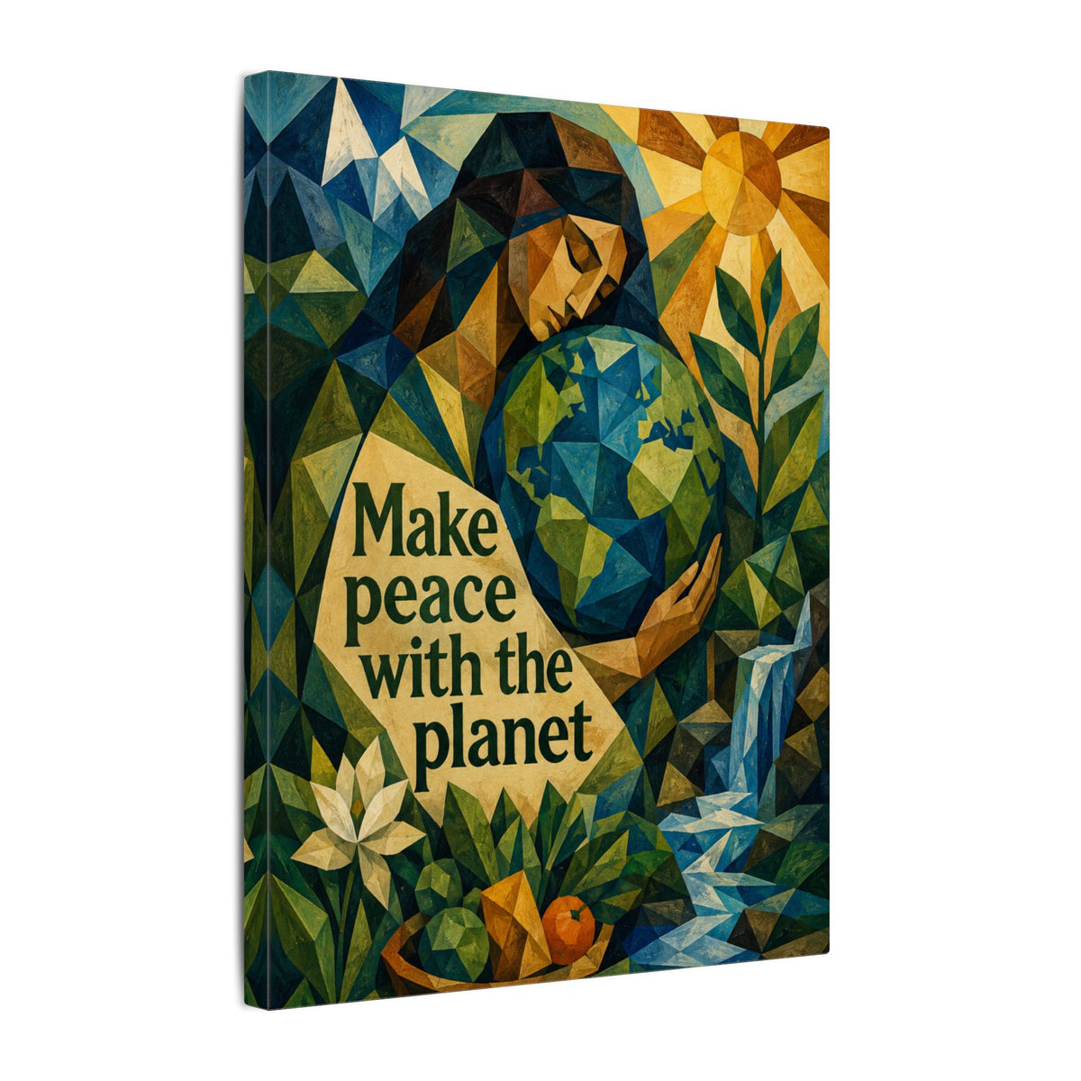 "MAKE PEACE WITH THE PLANET" (Cubist art style). Earthsmart Eco Canvas Wall Art (Matte Stretched Print).