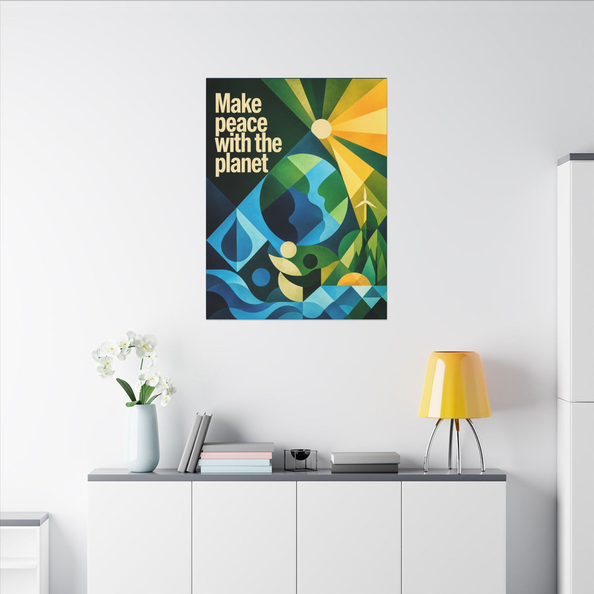 "MAKE PEACE WITH THE PLANET" (Radical Geometric art style). Earthsmart Eco Canvas Wall Art (Matte Stretched Print).