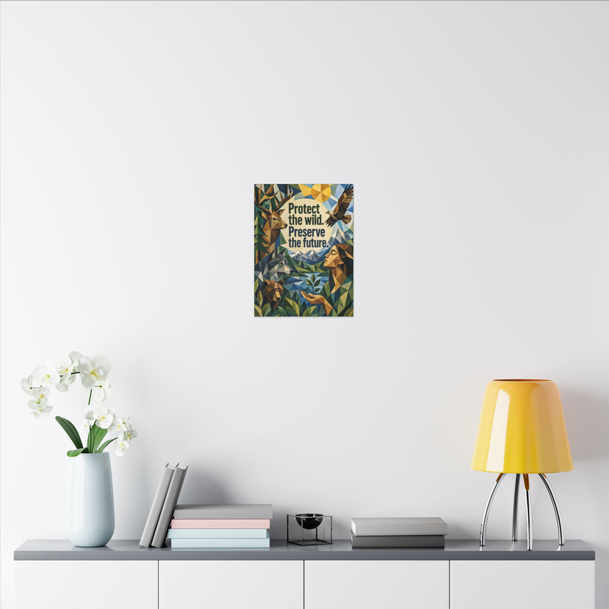 "PROTECT THE WILD PRESERVE THE FUTURE" (Cubist art style). Earthsmart Eco Canvas Wall Art (Matte Stretched Print).