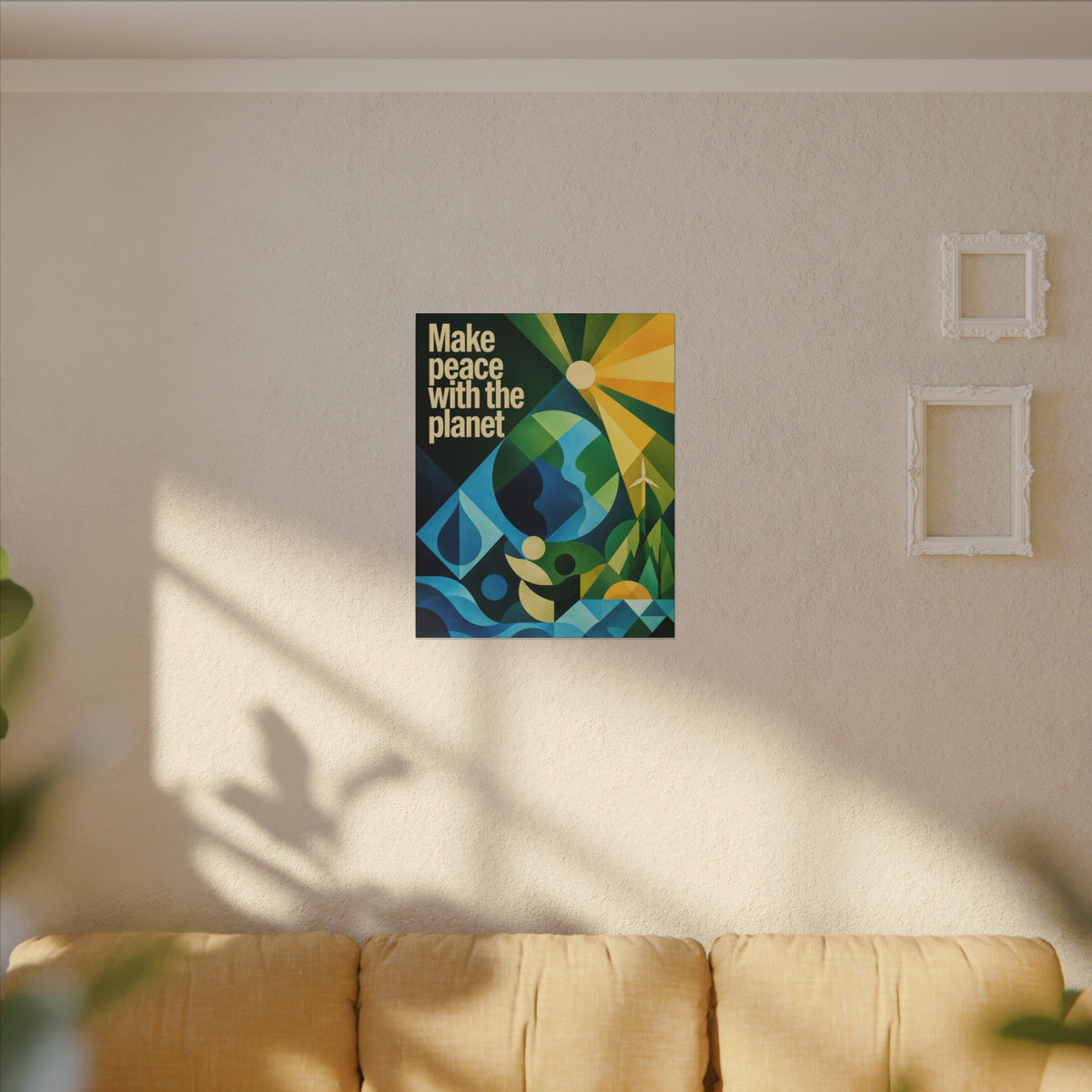 "MAKE PEACE WITH THE PLANET" (Radical Geometric art style). Earthsmart Eco Canvas Wall Art (Matte Stretched Print).