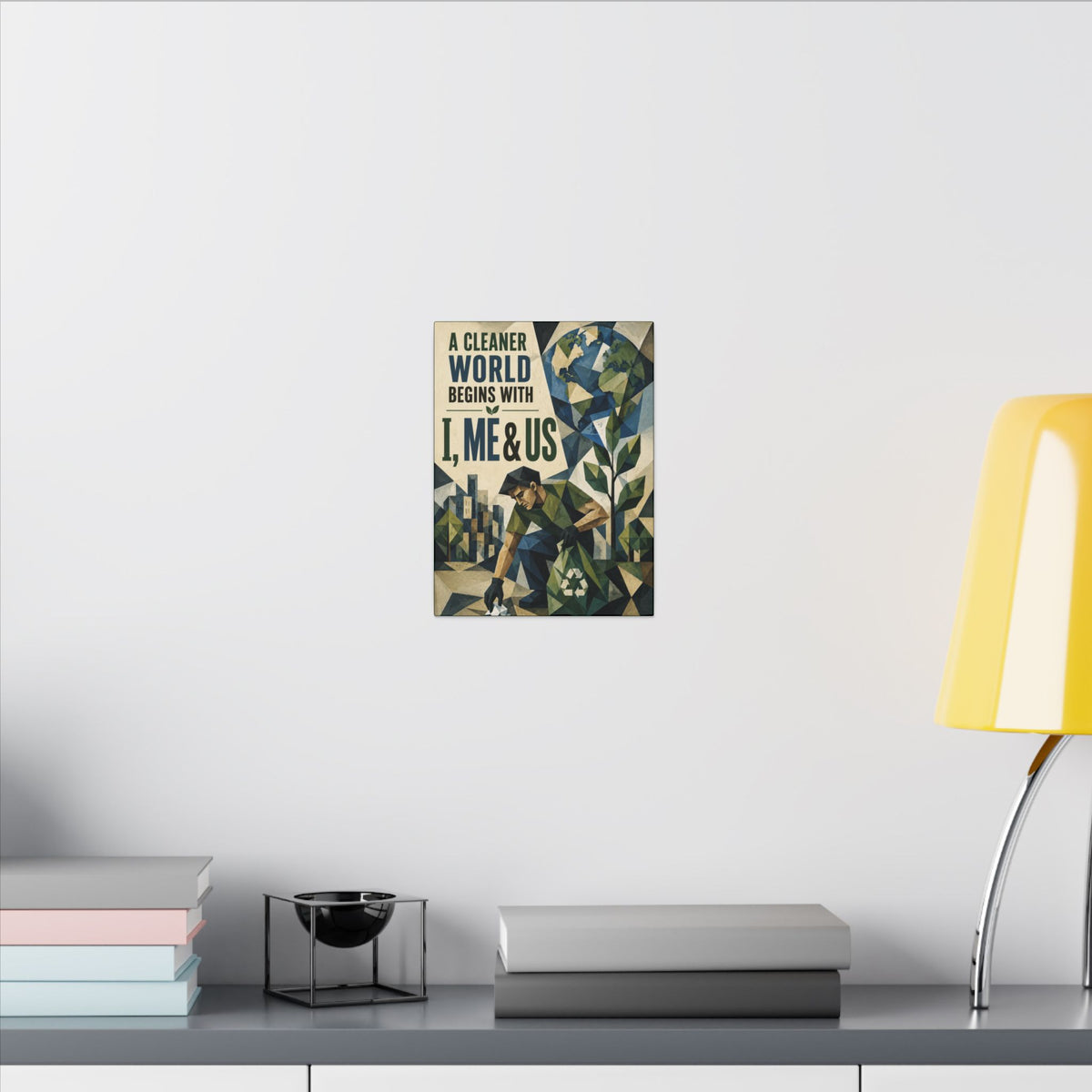 "A CLEANER WORLD BEGINS WITH I, ME & US (Cubist art style). Earthsmart Canvas Wall Art. ( Matte Stretched Print).