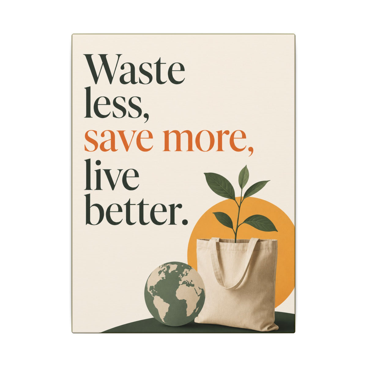 "WASTE LESS, SAVE MORE, LIVE BETTER." (Minimalist art style). Earthsmart Wall Art.