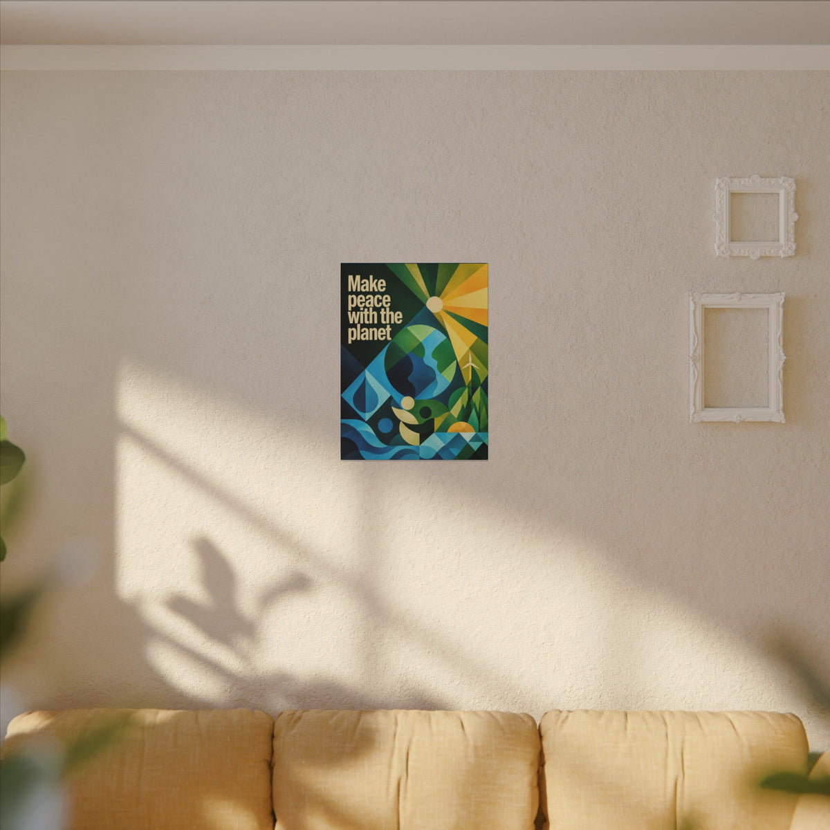 "MAKE PEACE WITH THE PLANET" (Radical Geometric art style). Earthsmart Eco Canvas Wall Art (Matte Stretched Print).