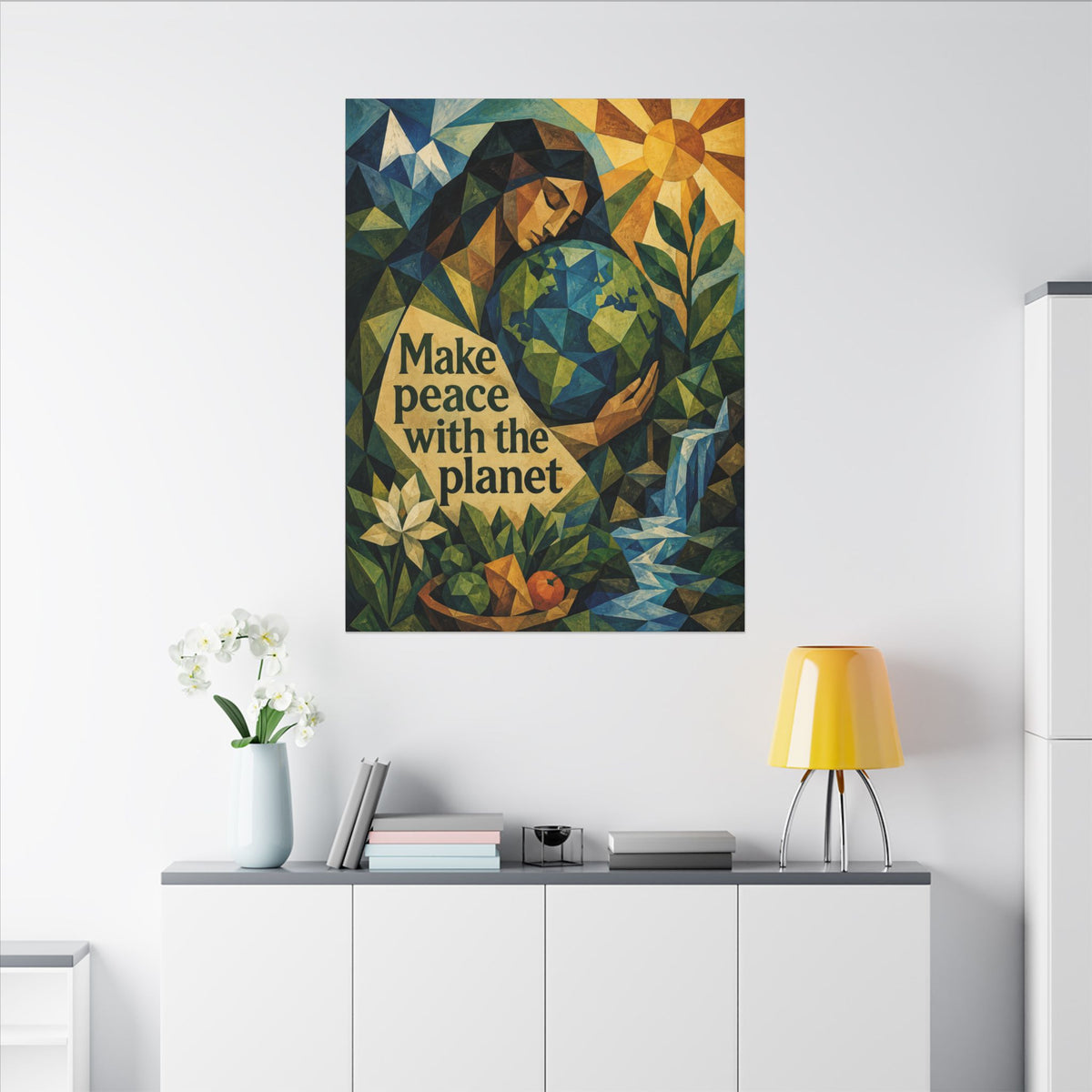 "MAKE PEACE WITH THE PLANET" (Cubist art style). Earthsmart Eco Canvas Wall Art (Matte Stretched Print).