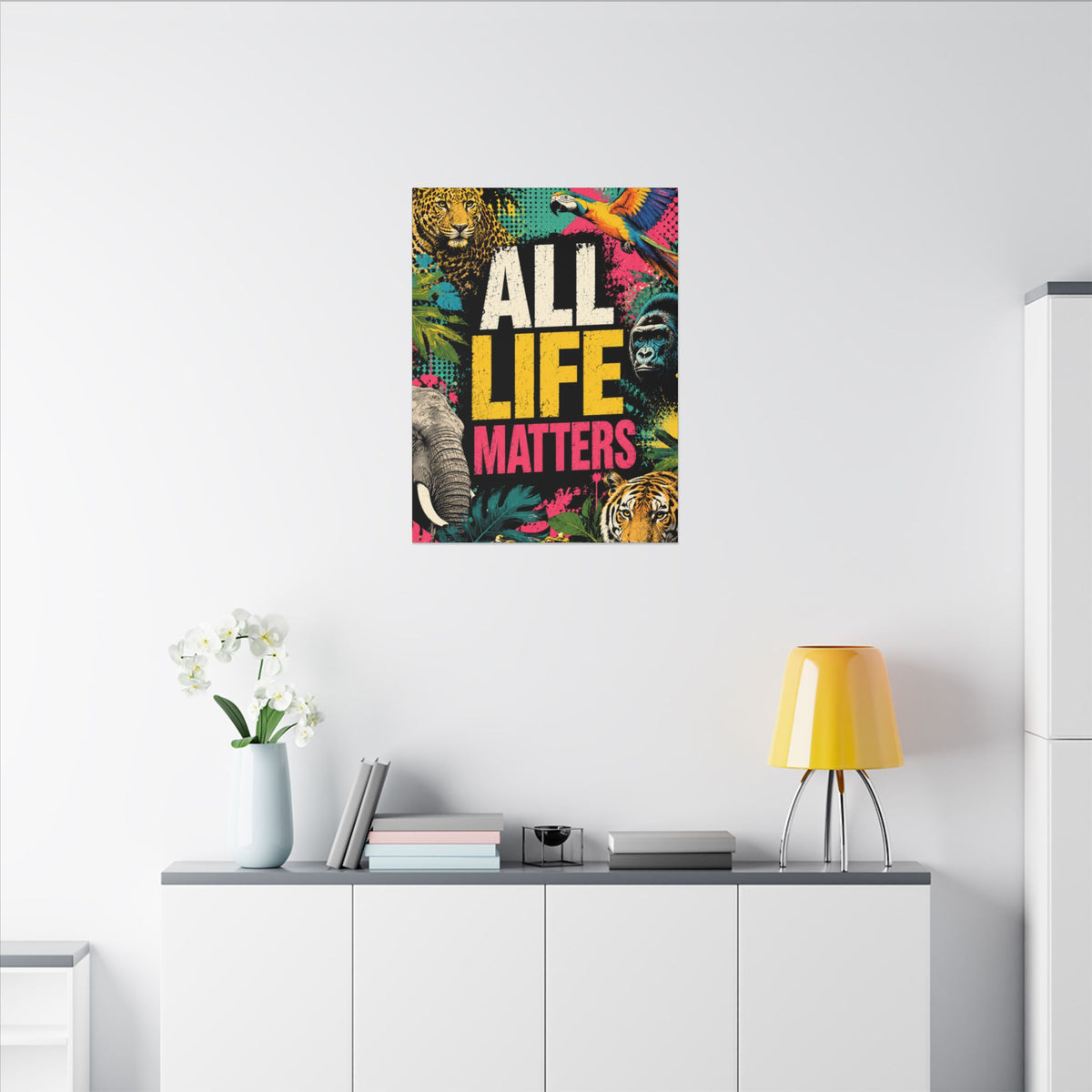 "ALL LIFE MATTERS" (Pop culture art style) - Earthsmart Canvas Wall Art. Jungle Wildlife. (Matte Stretched Print).