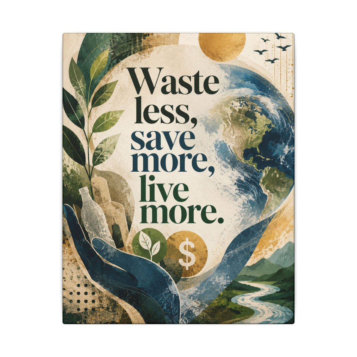 "WASTE LESS, SAVE MORE, LIVE MORE.”(abstract art style).  Earthsmart Eco Motivational Print