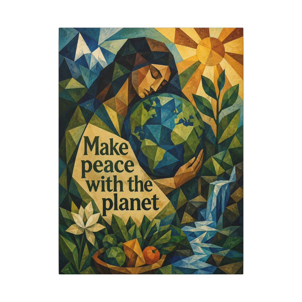 "MAKE PEACE WITH THE PLANET" (Cubist art style). Earthsmart Eco Canvas Wall Art (Matte Stretched Print).