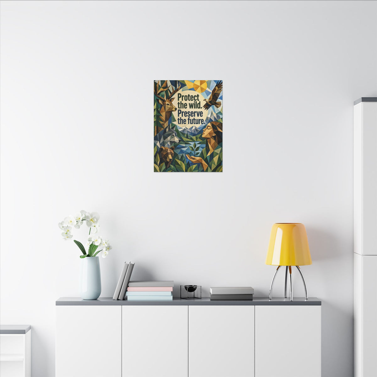 "PROTECT THE WILD PRESERVE THE FUTURE" (Cubist art style). Earthsmart Eco Canvas Wall Art (Matte Stretched Print).