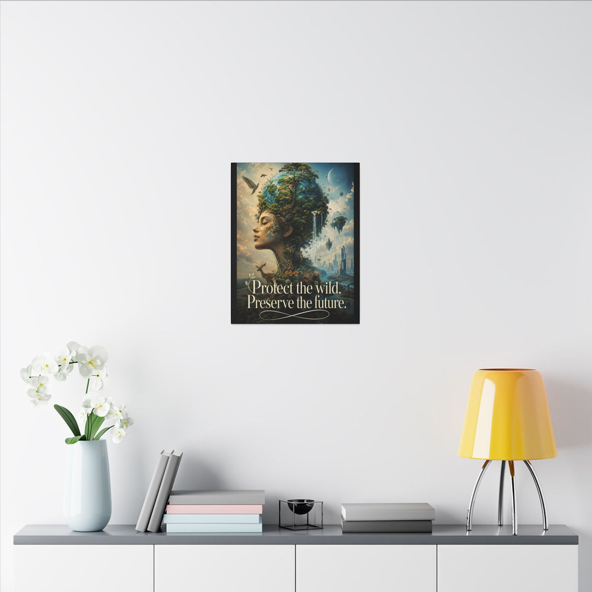 "PROTECT THE WILD PRESERVE THE FUTURE" (Surrealist art style). Earthsmart Eco Canvas Wall Art (Matte Stretched Print).