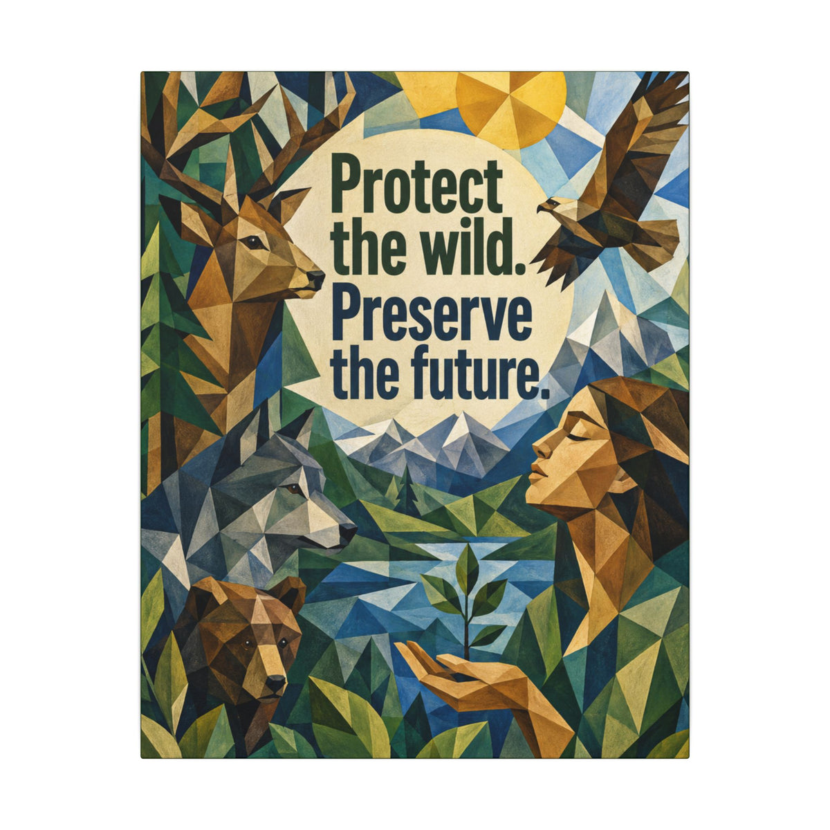 "PROTECT THE WILD PRESERVE THE FUTURE" (Cubist art style). Earthsmart Eco Canvas Wall Art (Matte Stretched Print).