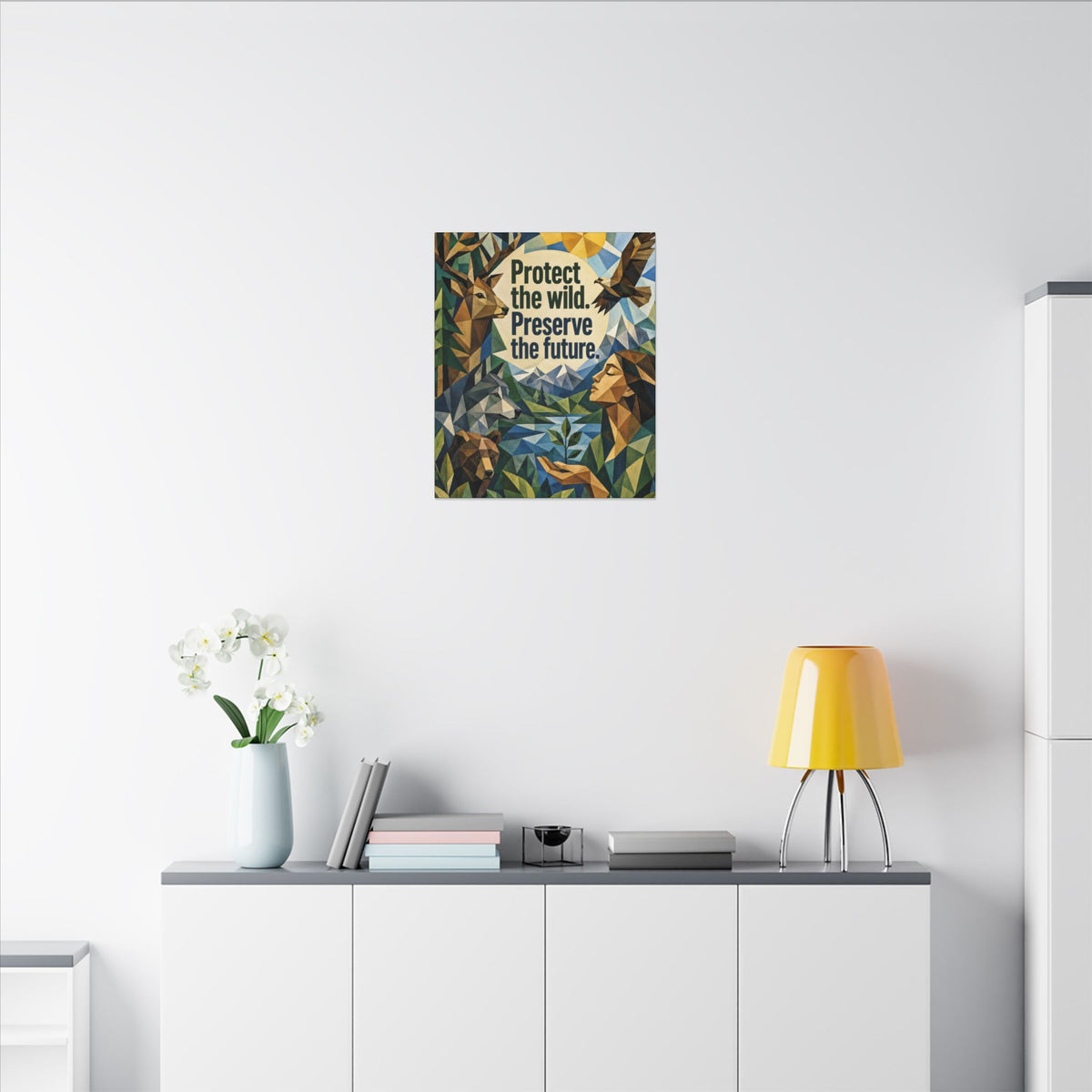 "PROTECT THE WILD PRESERVE THE FUTURE" (Cubist art style). Earthsmart Eco Canvas Wall Art (Matte Stretched Print).