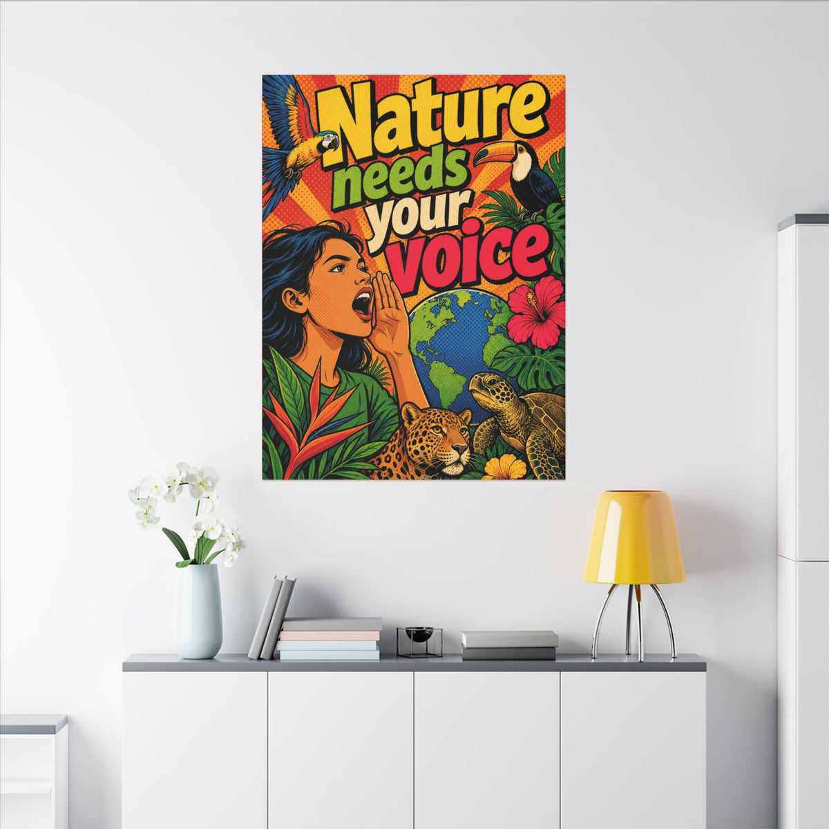 "NATURE NEEDS YOUR VOICE" (Pop art style). Earthsmart Eco Canvas Wall Art (Matte Stretched Print).