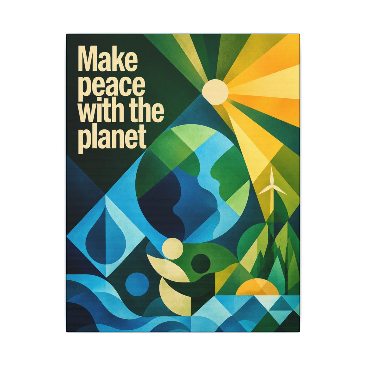 "MAKE PEACE WITH THE PLANET" (Radical Geometric art style). Earthsmart Eco Canvas Wall Art (Matte Stretched Print).
