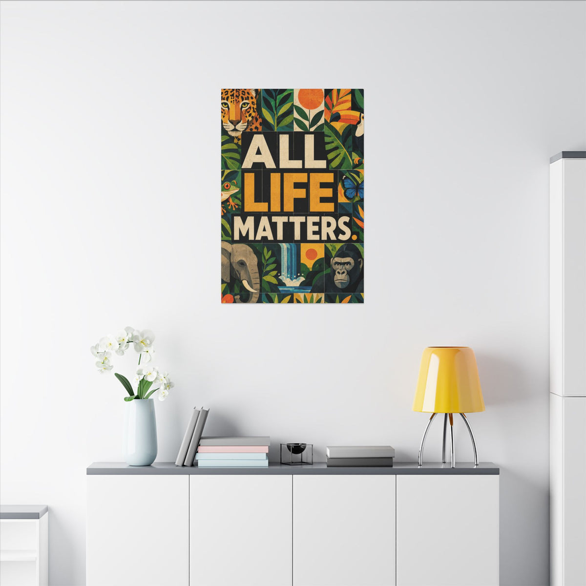 "ALL LIFE MATTERS" (Geometric art style) Earthsmart Canvas Wall Art — Jungle Wildlife. (Matte Stretched Print)