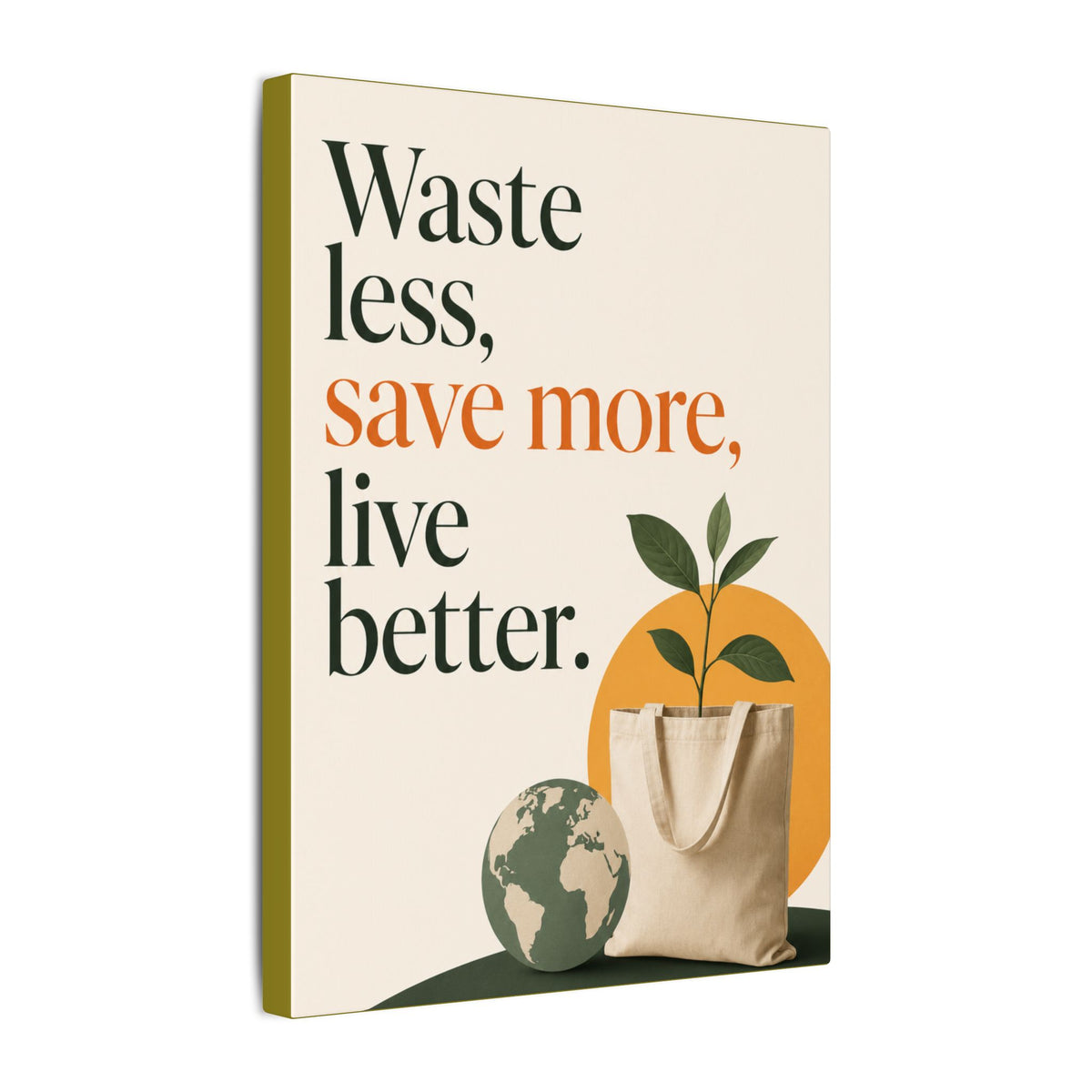 "WASTE LESS, SAVE MORE, LIVE BETTER." (Minimalist art style). Earthsmart Wall Art.