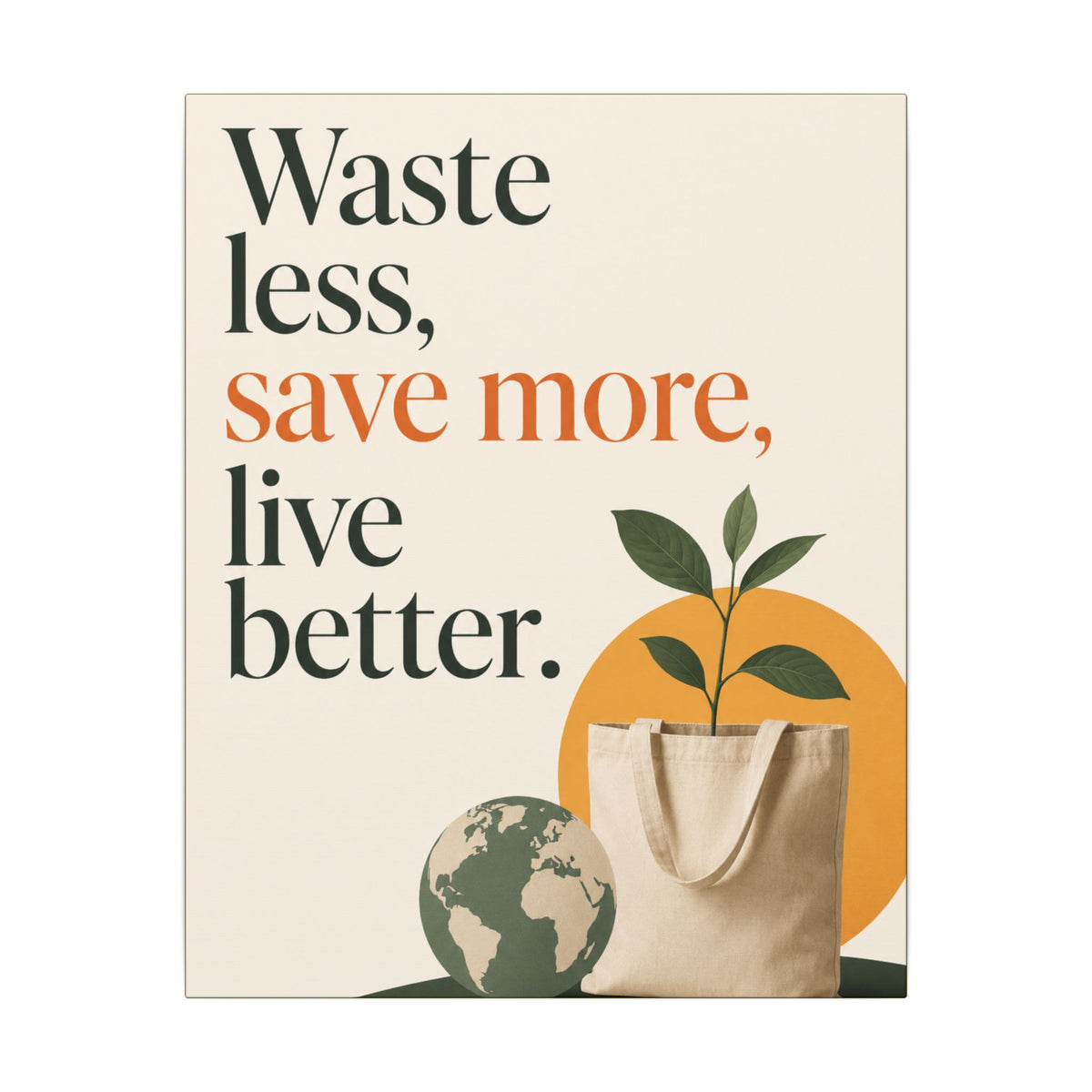 "WASTE LESS, SAVE MORE, LIVE BETTER." (Minimalist art style). Earthsmart Wall Art.