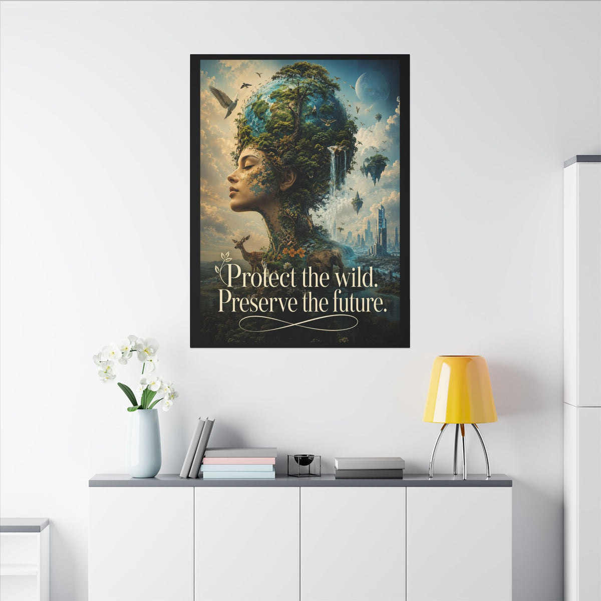 "PROTECT THE WILD PRESERVE THE FUTURE" (Surrealist art style). Earthsmart Eco Canvas Wall Art (Matte Stretched Print).