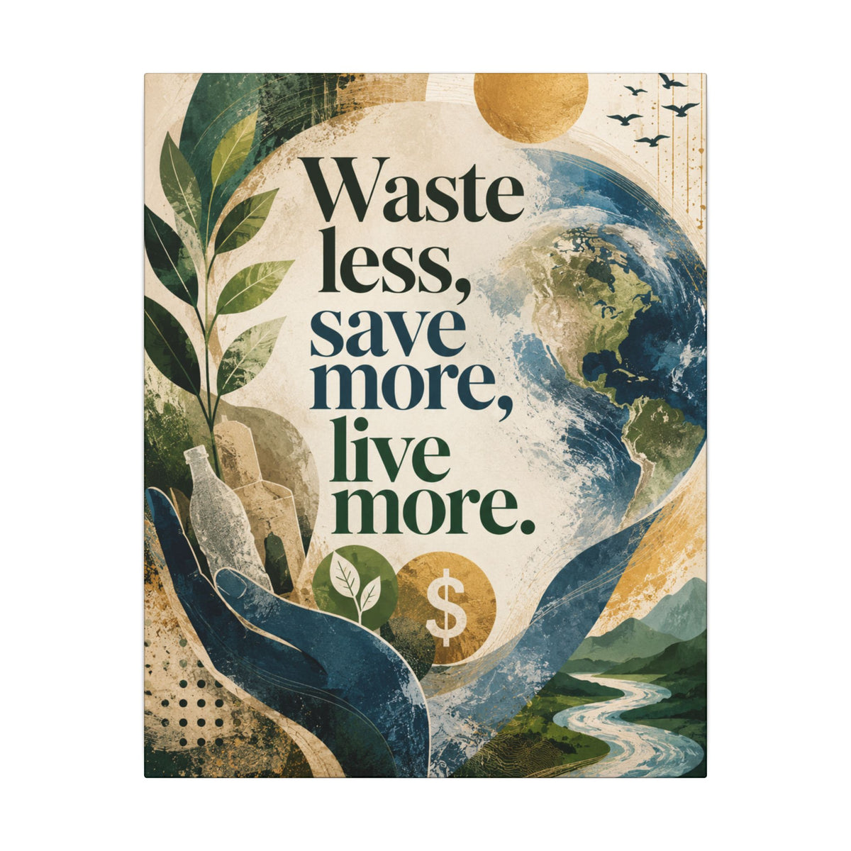 "WASTE LESS, SAVE MORE, LIVE MORE.”(abstract art style).  Earthsmart Eco Motivational Print