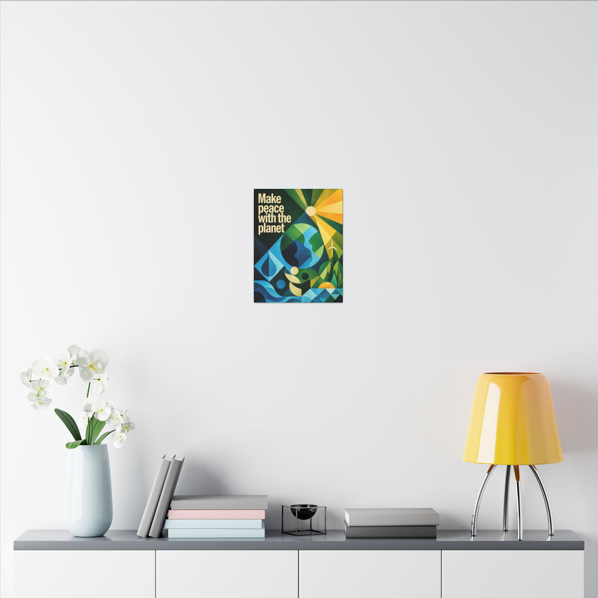 "MAKE PEACE WITH THE PLANET" (Radical Geometric art style). Earthsmart Eco Canvas Wall Art (Matte Stretched Print).