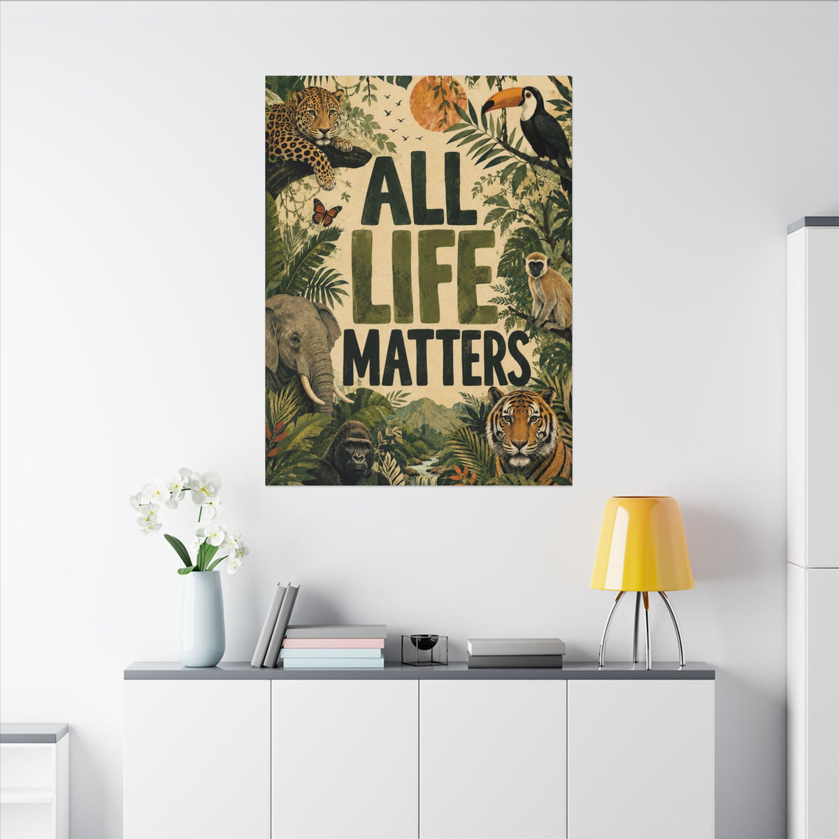 "ALL LIFE MATTERS" (Organic art style) Earthsmart Canvas Wall Art — Jungle Wildlife. (Matte Stretched Print)