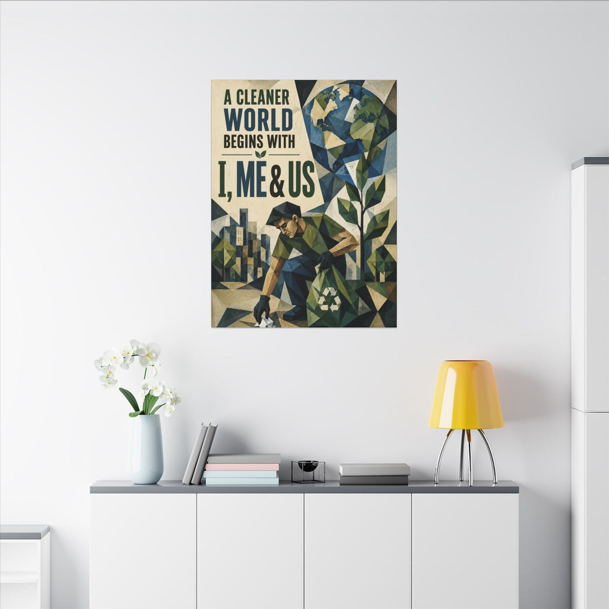 "A CLEANER WORLD BEGINS WITH I, ME & US (Cubist art style). Earthsmart Canvas Wall Art. ( Matte Stretched Print).