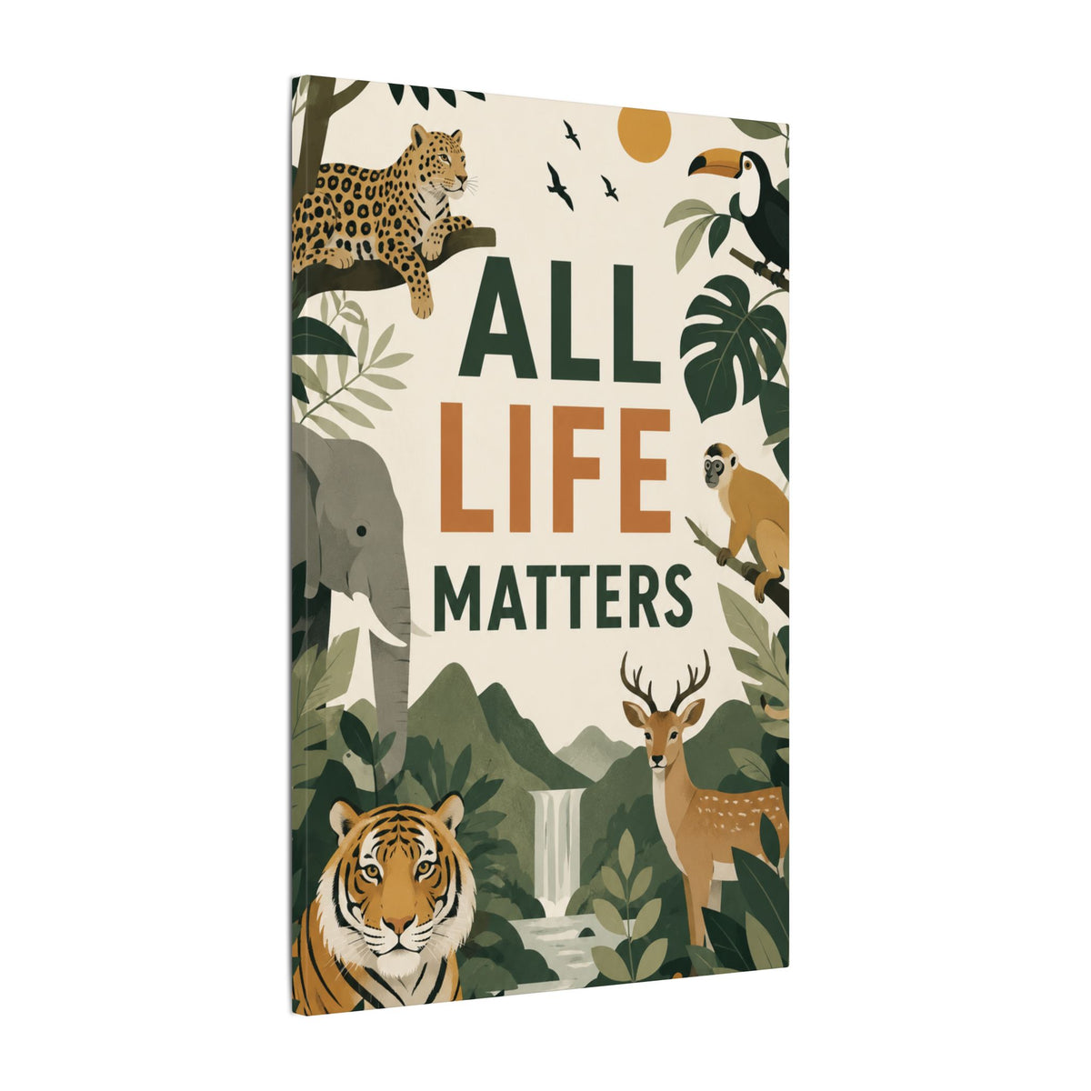 "ALL LIFE MATTERS" (modern art style) - Earthsmart Canvas Wall Art. Jungle Wildlife. (Matte Stretched Print).