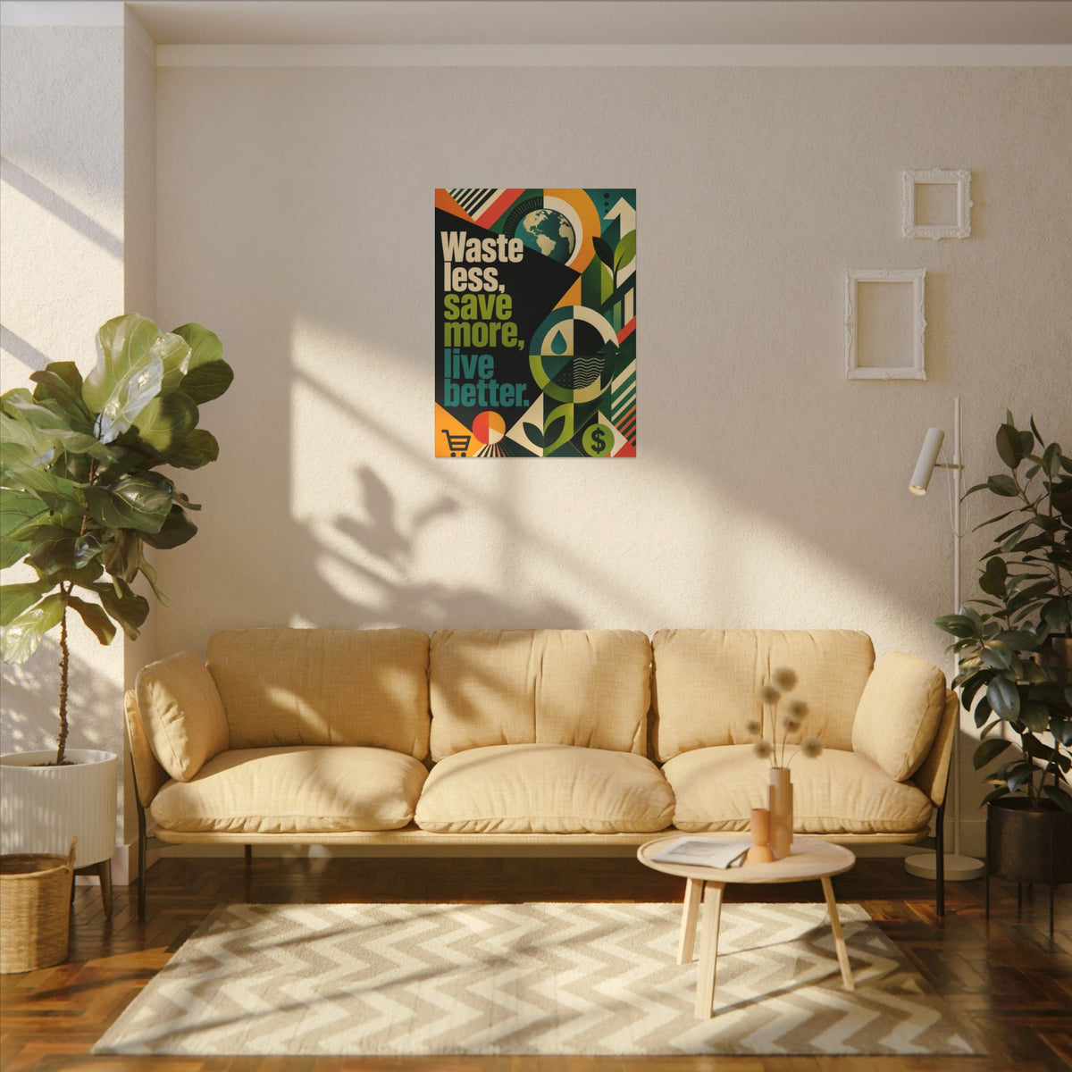 "WASTE LESS, SAVE MORE, LIVE BETTER" (radical geometric art style). Earthsmart Eco Motivational Wall Art.