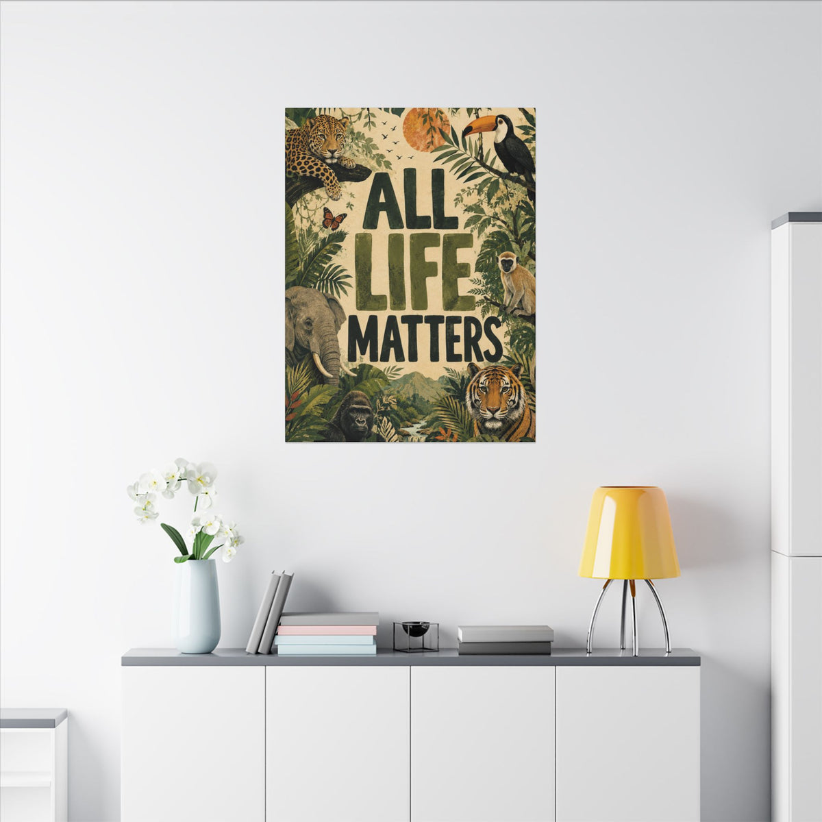"ALL LIFE MATTERS" (Organic art style) Earthsmart Canvas Wall Art — Jungle Wildlife. (Matte Stretched Print)