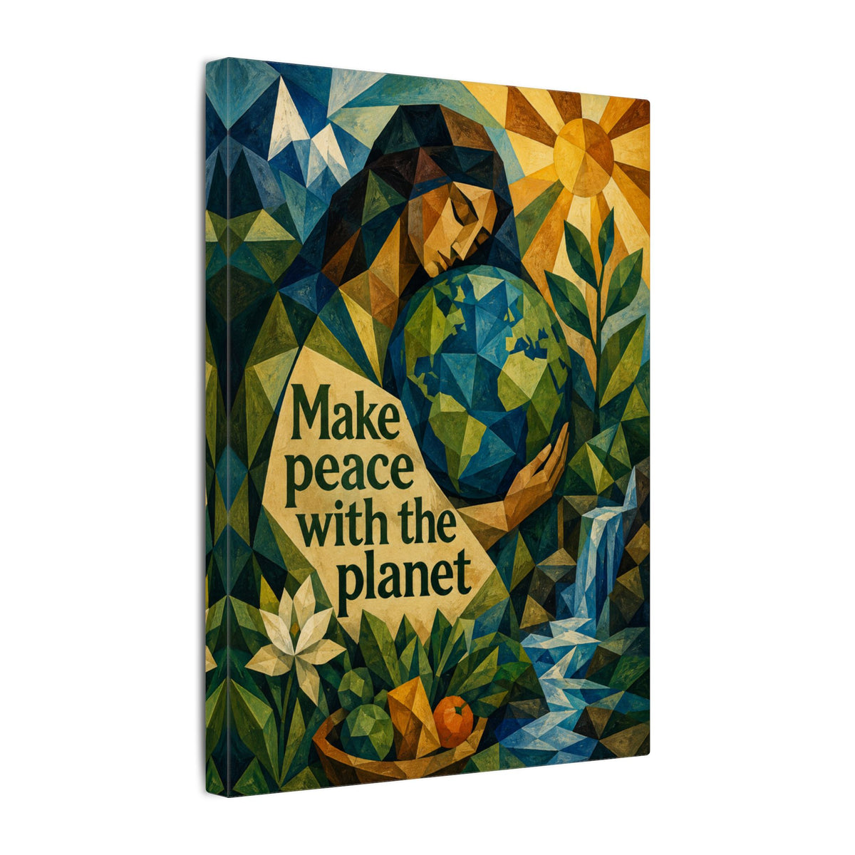"MAKE PEACE WITH THE PLANET" (Cubist art style). Earthsmart Eco Canvas Wall Art (Matte Stretched Print).