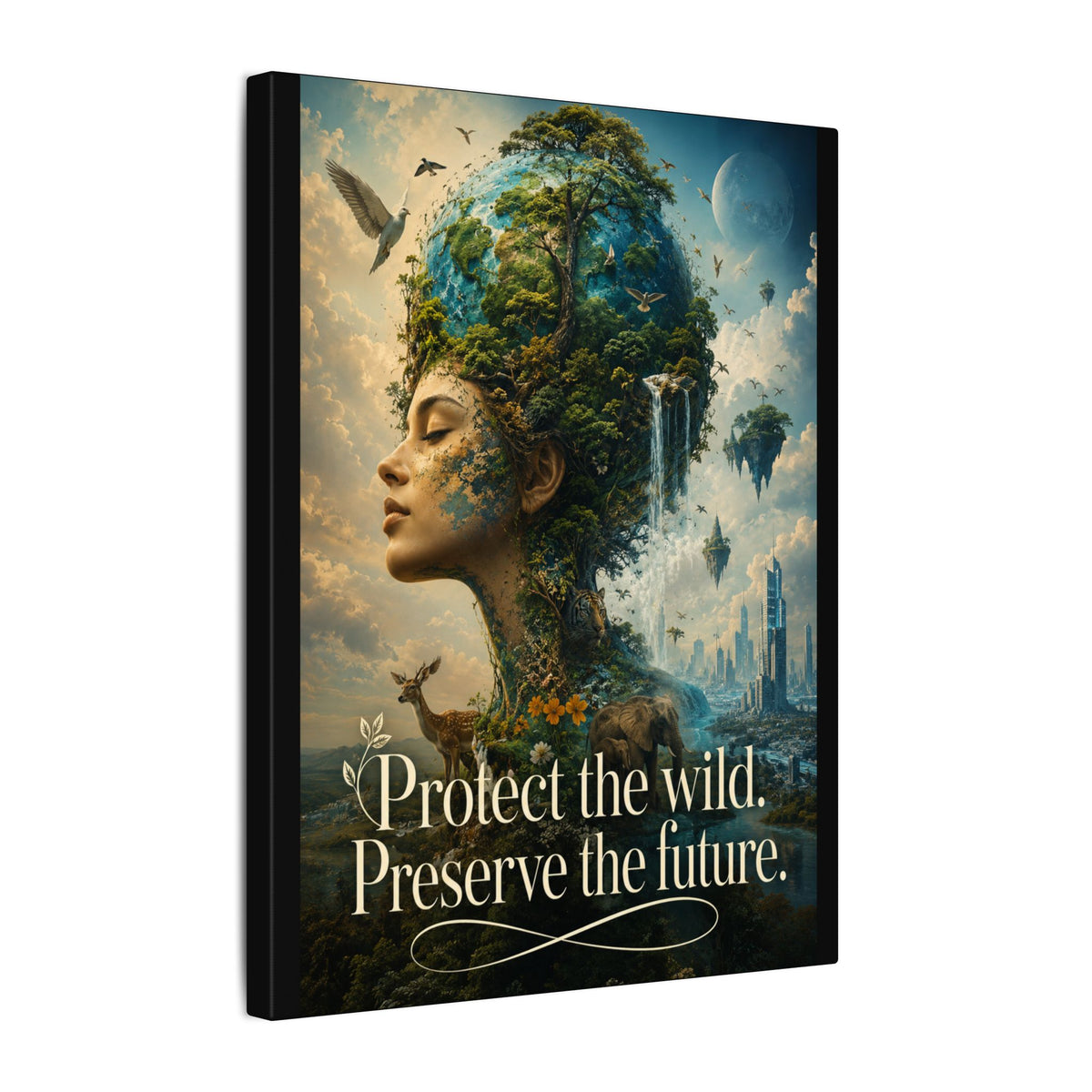 "PROTECT THE WILD PRESERVE THE FUTURE" (Surrealist art style). Earthsmart Eco Canvas Wall Art (Matte Stretched Print).