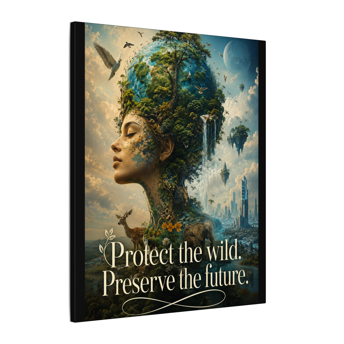 "PROTECT THE WILD PRESERVE THE FUTURE" (Surrealist art style). Earthsmart Eco Canvas Wall Art (Matte Stretched Print).
