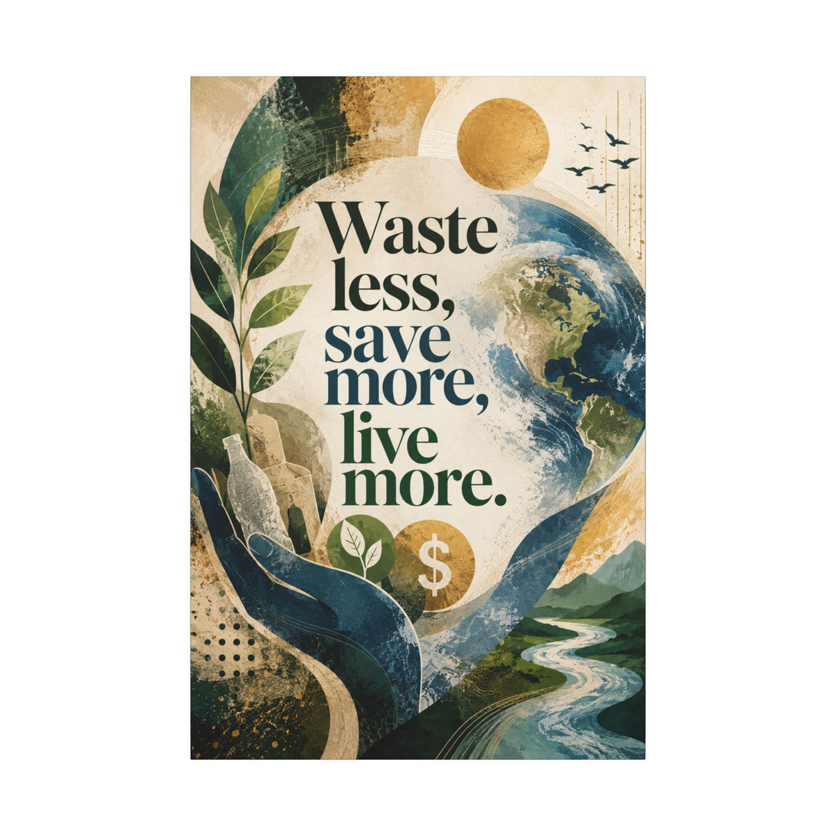 "WASTE LESS, SAVE MORE, LIVE MORE.”(abstract art style).  Earthsmart Eco Motivational Print