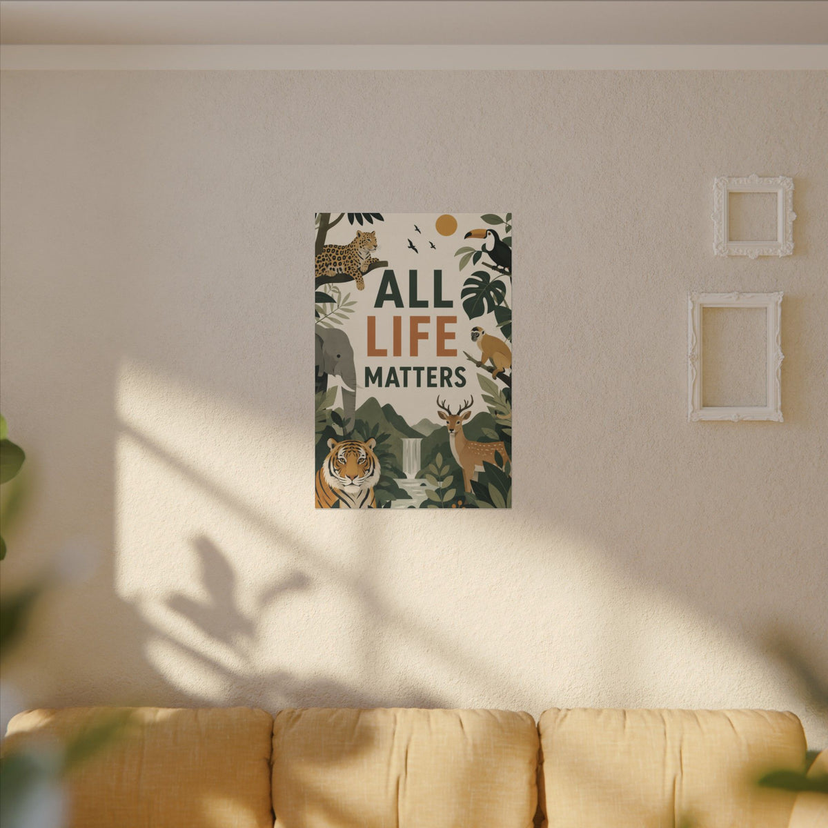 "ALL LIFE MATTERS" (modern art style) - Earthsmart Canvas Wall Art. Jungle Wildlife. (Matte Stretched Print).