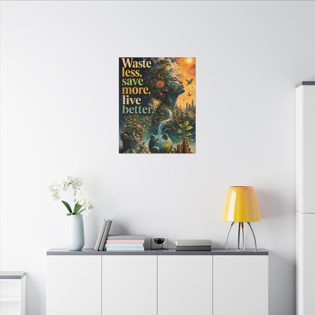 "WASTE LESS, SAVE MORE, LIVE BETTER." - Earthsmart Eco-Friendly Inspirational Wall Art.