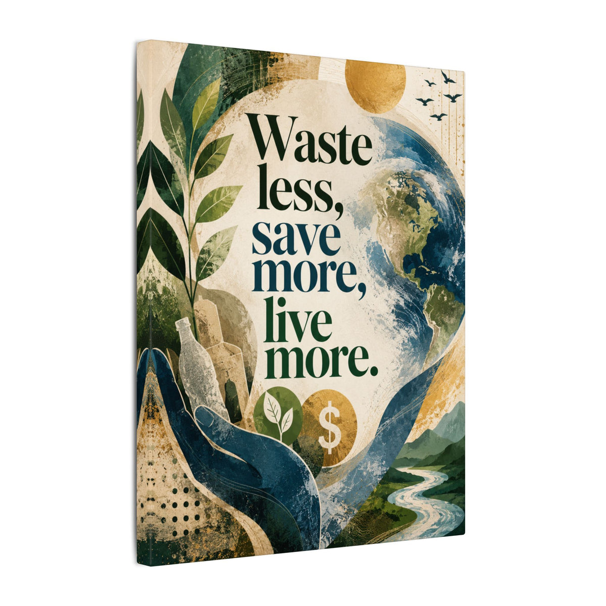 "WASTE LESS, SAVE MORE, LIVE MORE.”(abstract art style).  Earthsmart Eco Motivational Print