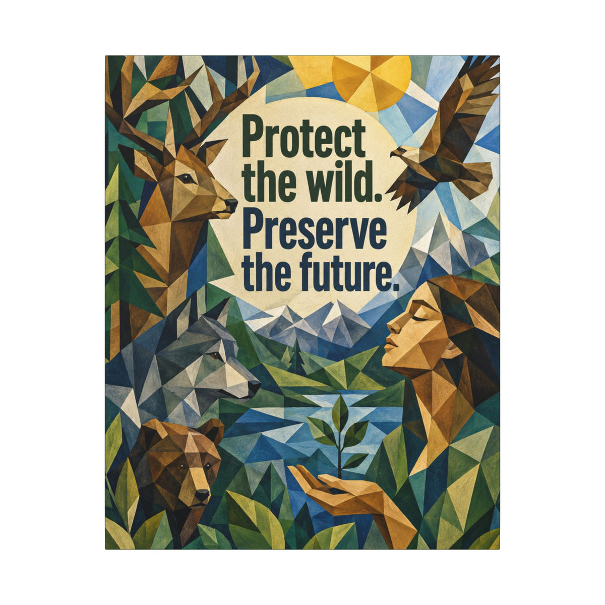 "PROTECT THE WILD PRESERVE THE FUTURE" (Cubist art style). Earthsmart Eco Canvas Wall Art (Matte Stretched Print).