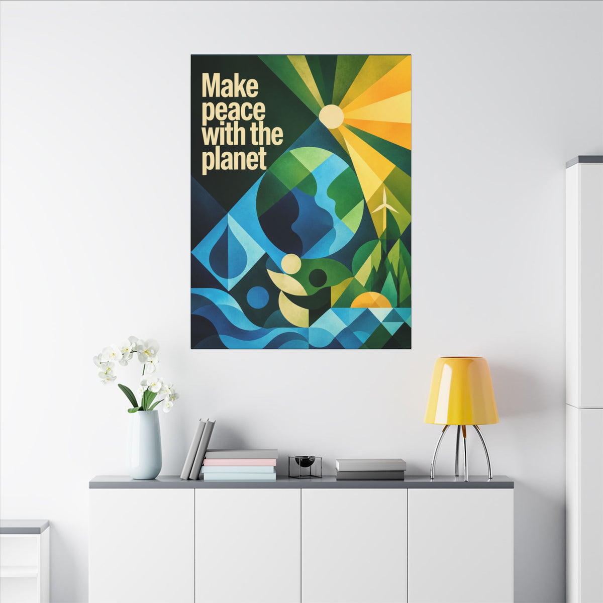 "MAKE PEACE WITH THE PLANET" (Radical Geometric art style). Earthsmart Eco Canvas Wall Art (Matte Stretched Print).