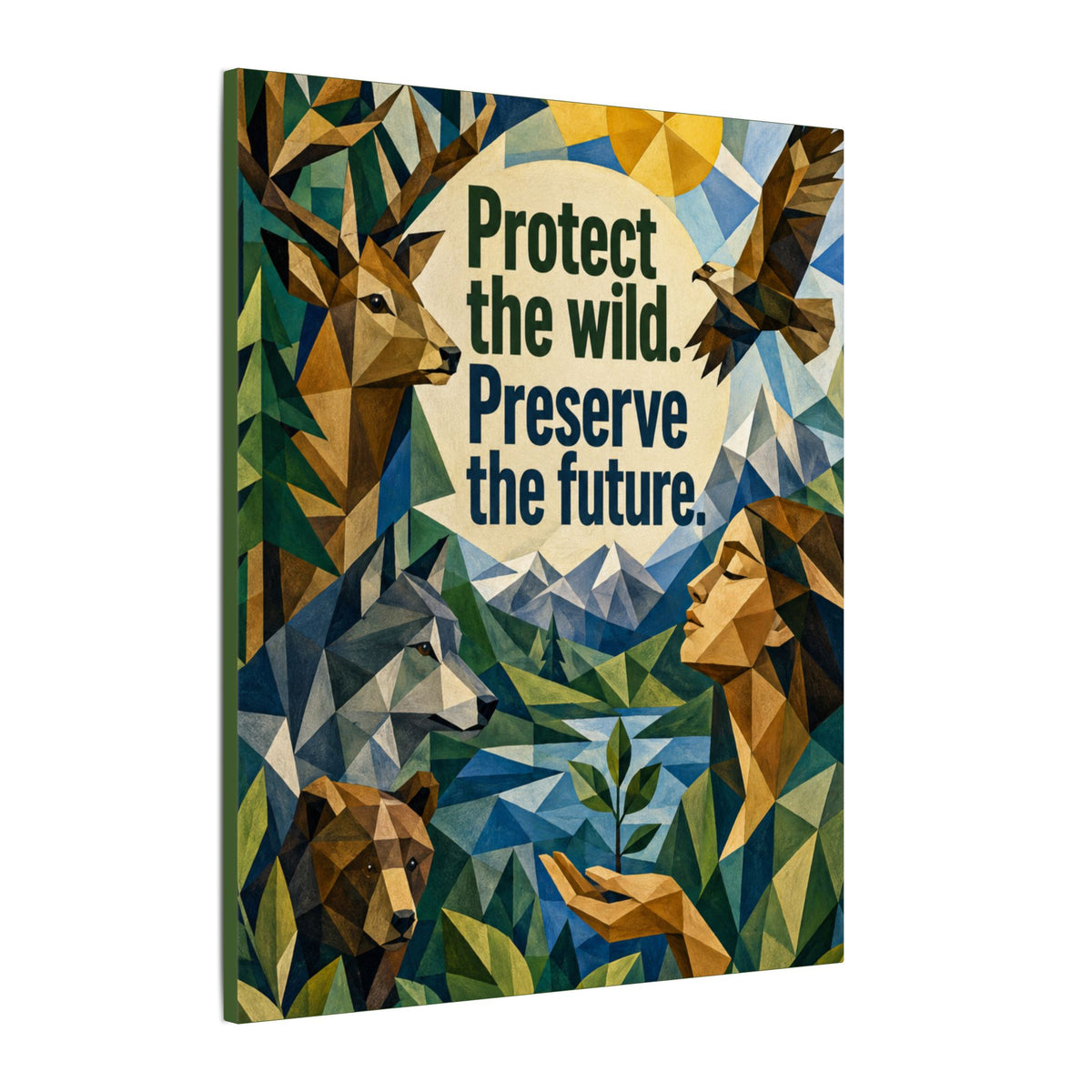 "PROTECT THE WILD PRESERVE THE FUTURE" (Cubist art style). Earthsmart Eco Canvas Wall Art (Matte Stretched Print).