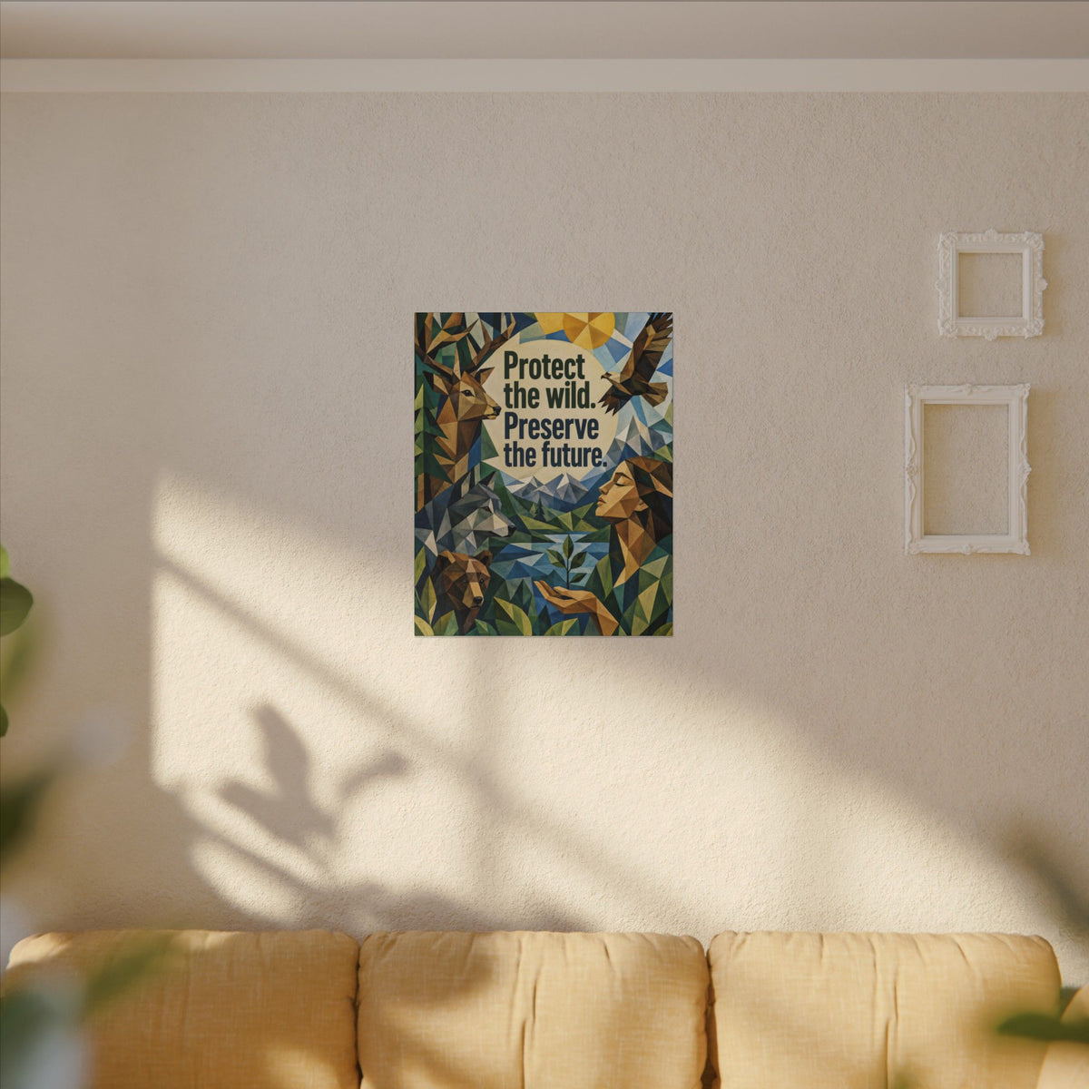 "PROTECT THE WILD PRESERVE THE FUTURE" (Cubist art style). Earthsmart Eco Canvas Wall Art (Matte Stretched Print).