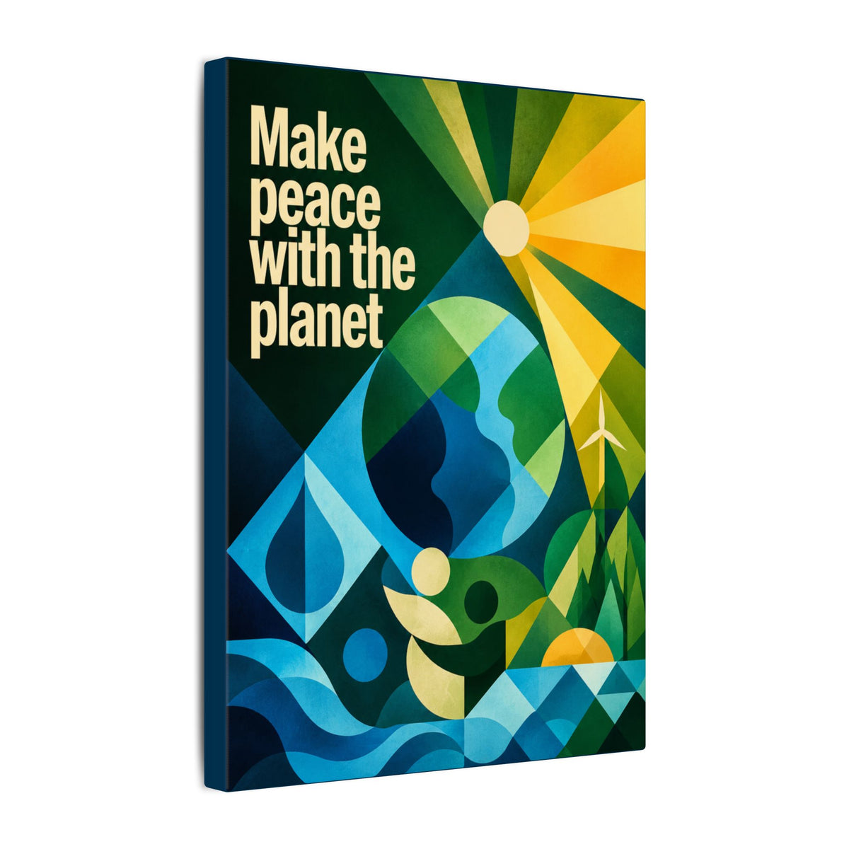 "MAKE PEACE WITH THE PLANET" (Radical Geometric art style). Earthsmart Eco Canvas Wall Art (Matte Stretched Print).
